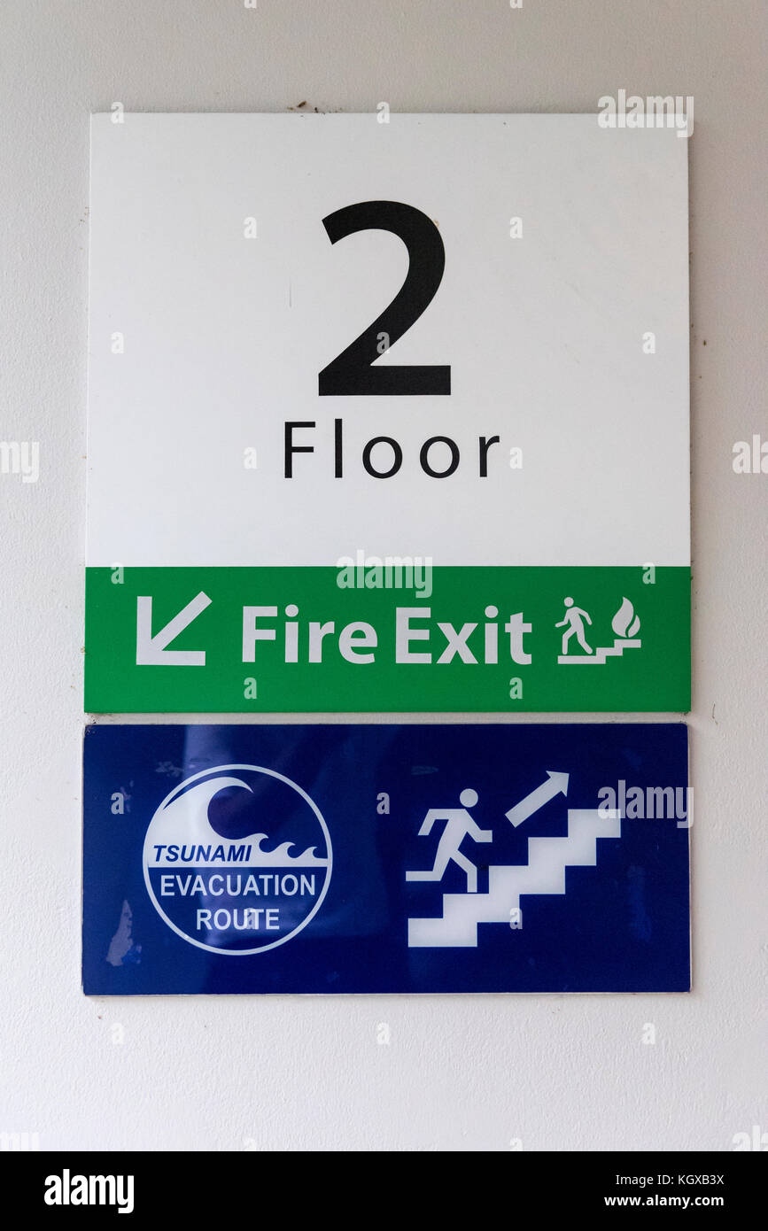 Emergency signs - Tsunami and fire exit route information sign Stock Photo