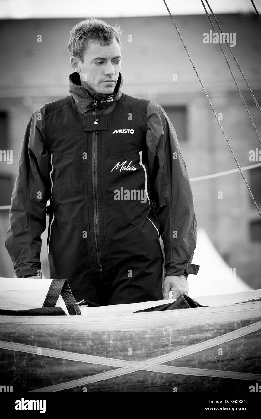 Portrait Skipper Noir et Blanc  - Black and white portrait of the skippers. Thomas Ruyant Stock Photo