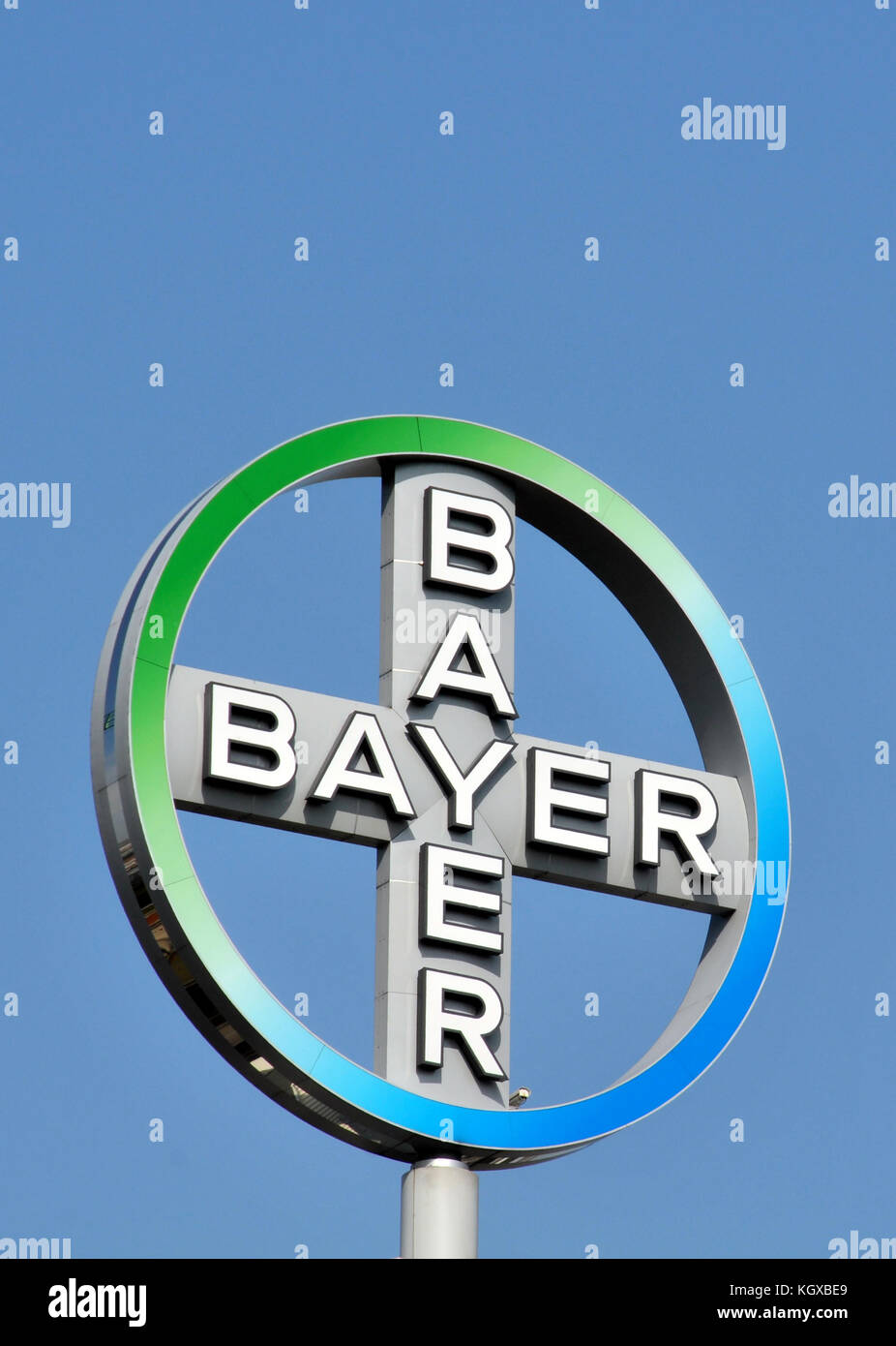 Bayer sign , Bayer cross, Berlin, Germany Stock Photo