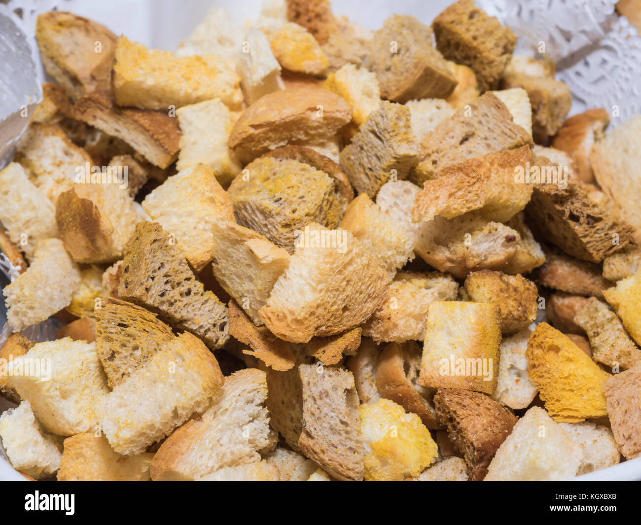 Selection display of bread croutons food at a luxury restaurant buffet