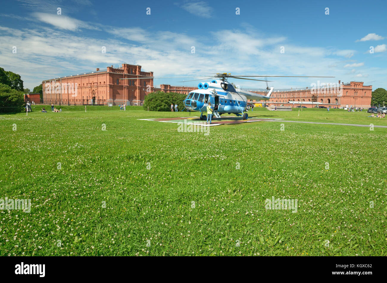 The urban landscape in summer with a takeoff area for helicopters Stock Photo