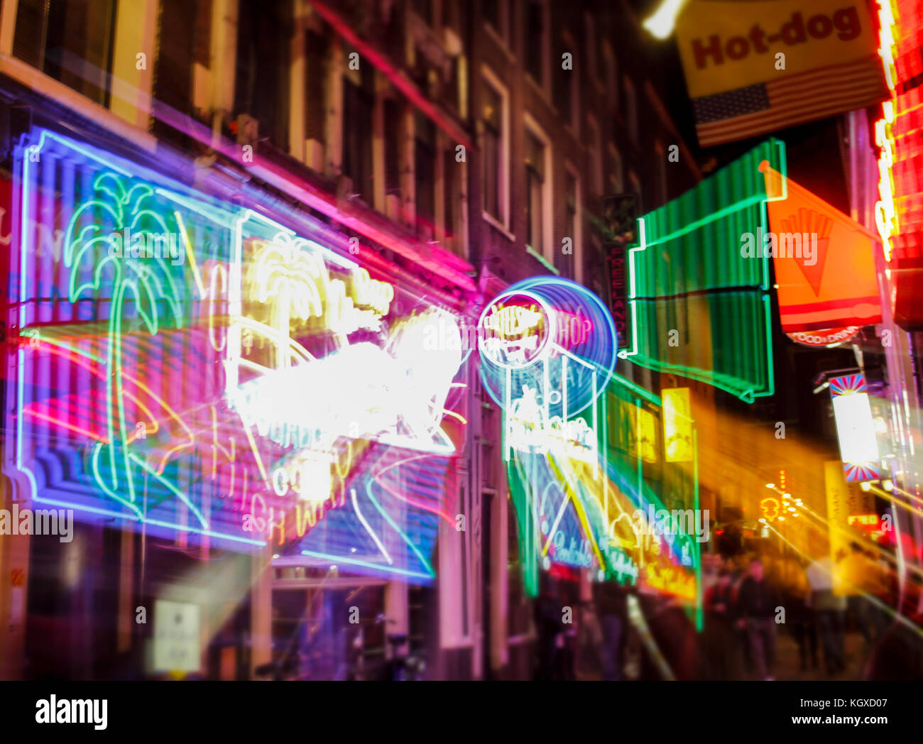 Colored lights in the city of Amsterdam --- Amsterdam, AMS, Netherlands, holland - September 16, 2011: Moving lights in the red light district of Amst Stock Photo