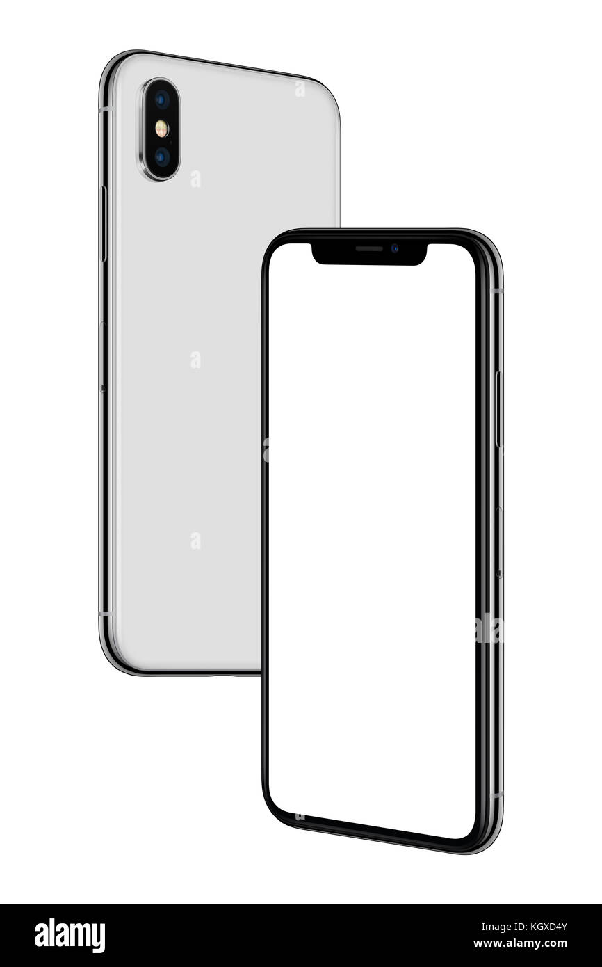 Soaring in the air smartphones similar to iPhone X. New white frameless smartphones mockup with blank white screen and back side hovering in the air. Stock Photo