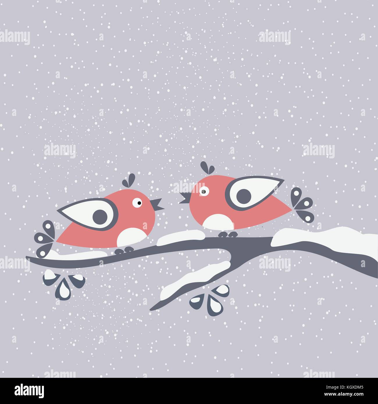 Two Birds sitting on a Branch. Hello winter card with cartoon birds a on a branch covered with snow. Winter background. Greeting card for winter backg Stock Vector