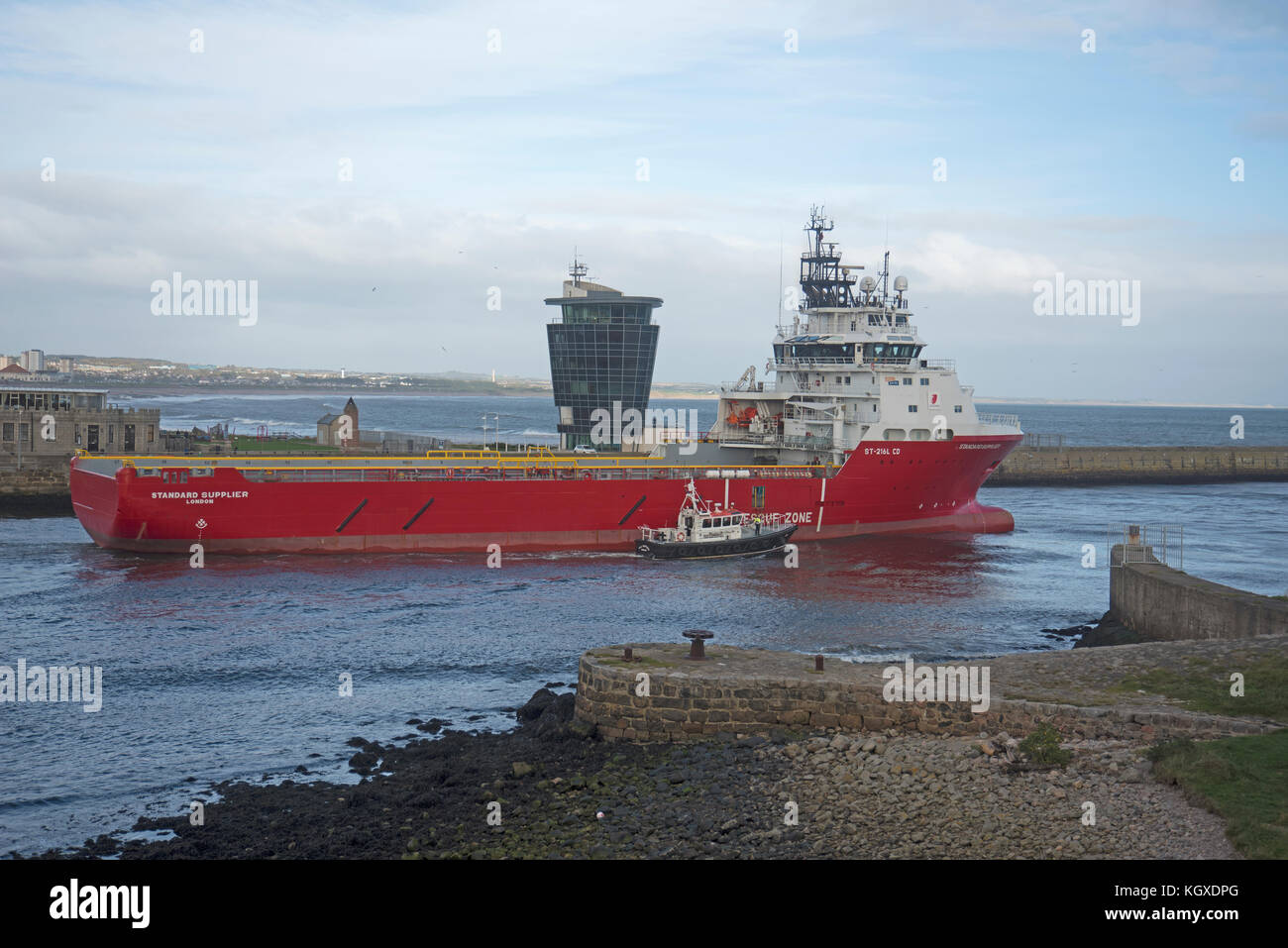 Offshore supply vessel 'Standard Princess' departing from Aberdeen Harbour Docks for the North Sea. Stock Photo
