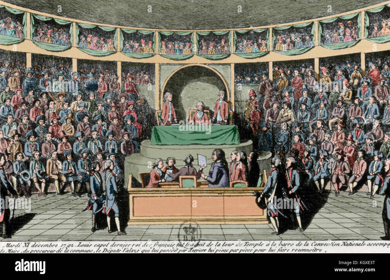 French Revolution (1789-1799). National Convention. Interrogation of King Louis XVI before the National Convention, December 11, 1792.  Colored engraving. Stock Photo