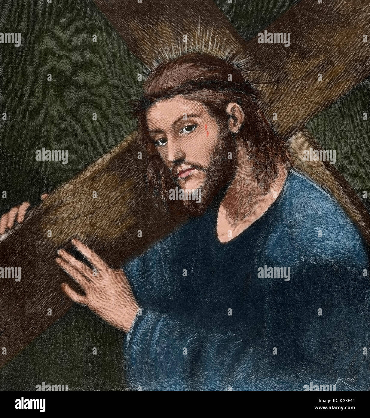 Christ Carrying the Cross on his way to his crucifixion. Engraving by Rico. 'La Ilustracion Espanola y Americana', 1890. Colored. Stock Photo
