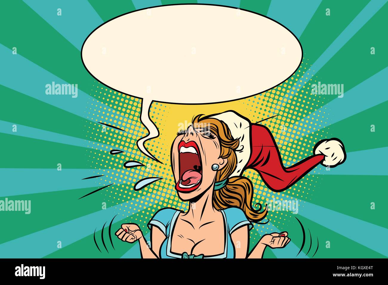panic rage anger screaming Santa girl. Comic book cartoon pop art retro vector illustration drawing Stock Vector
