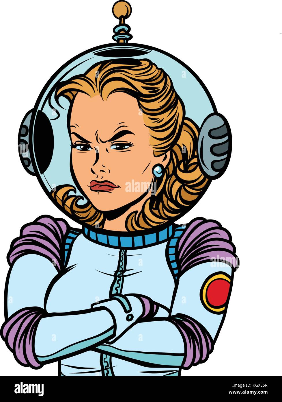 angry woman astronaut isolated on white background. Comic book cartoon pop art retro vector illustration drawing Stock Vector