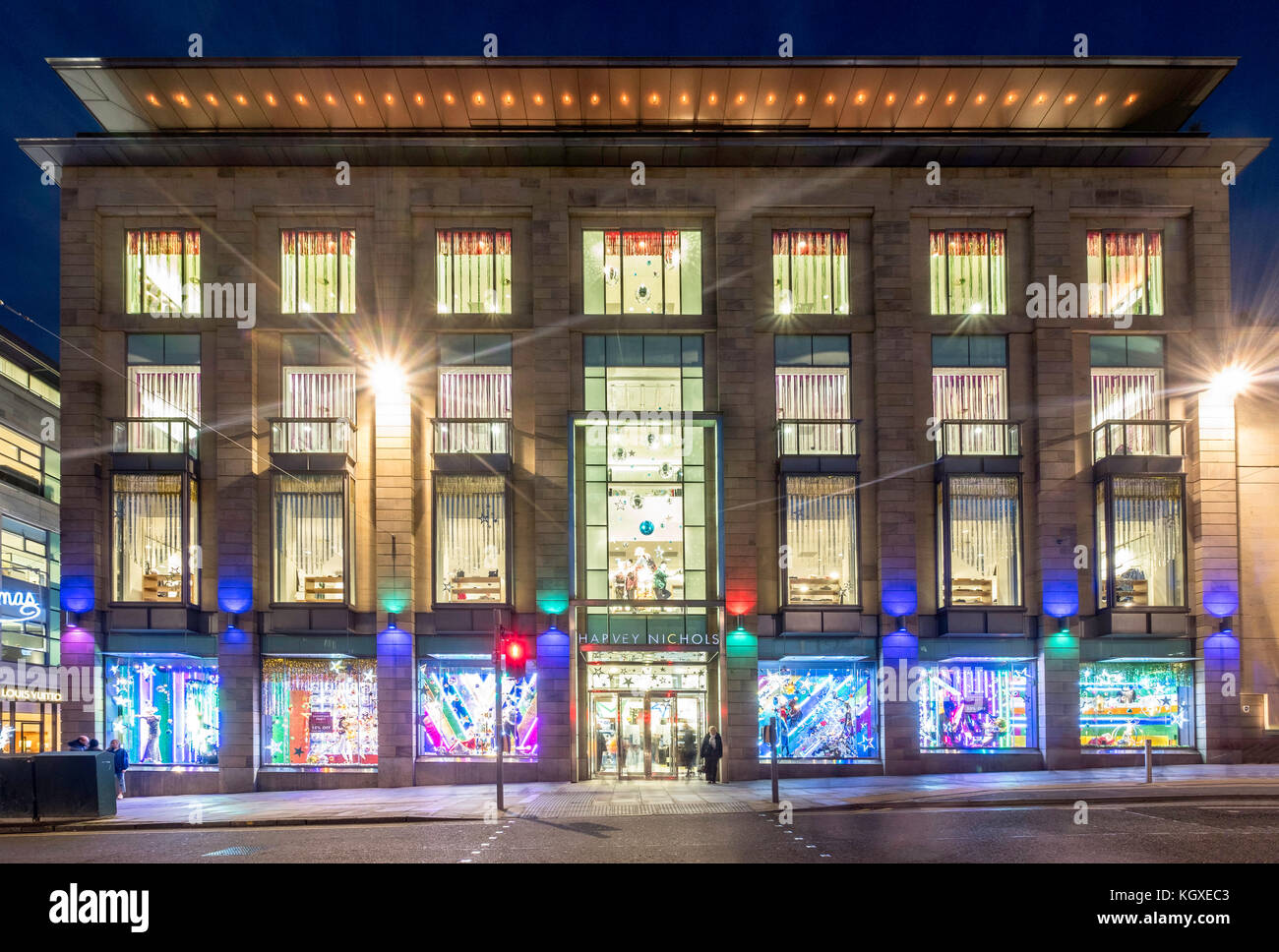 Night view of exterior of Harvey Nichols store in St Andrews Square in Edinburgh, Scotland, United Kingdom. Stock Photo