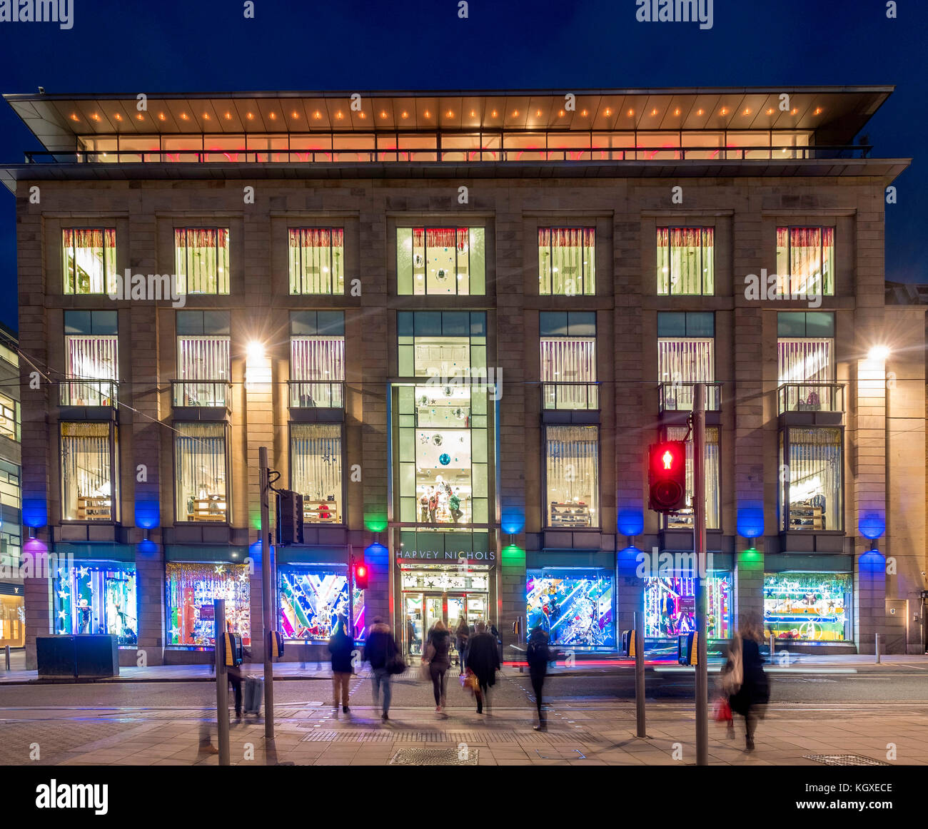 Night view of exterior of Harvey Nichols store in St Andrews Square in Edinburgh, Scotland, United Kingdom. Stock Photo