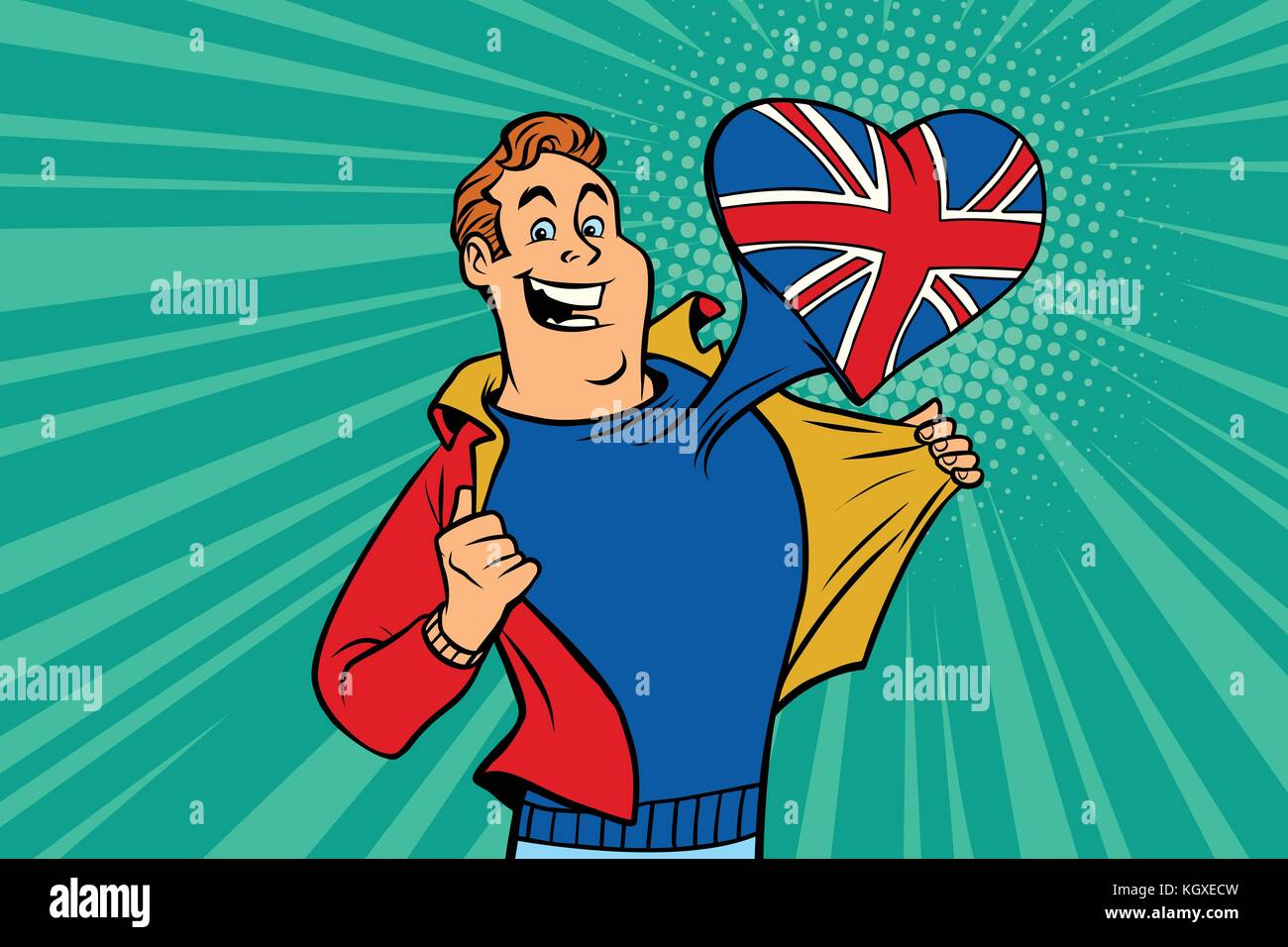 sports fan loves UK. Heart with flag of the country. Comic cartoon style pop art illustration vector retro Stock Vector