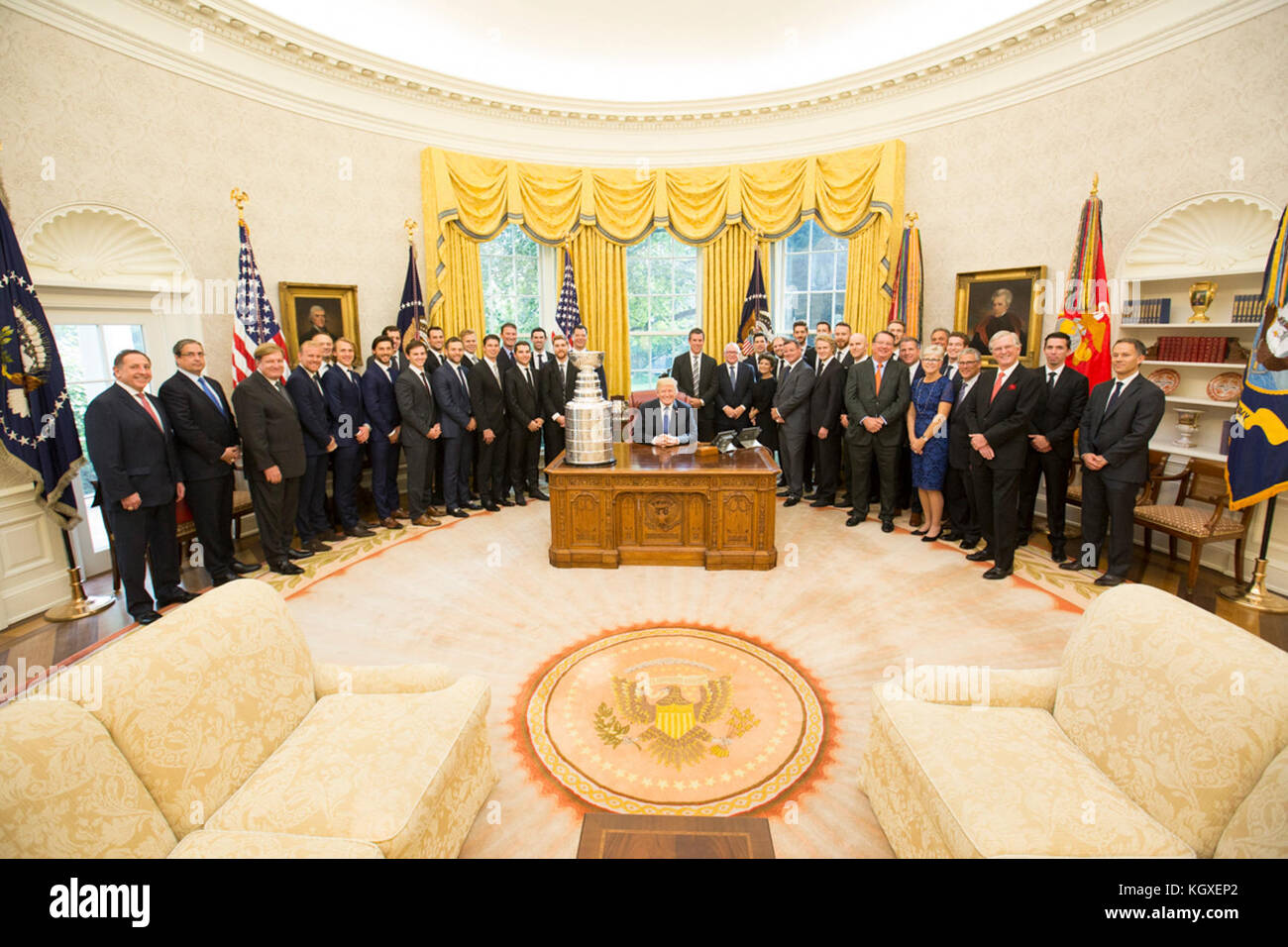 President Donald J. Trump participates in a visit with 2016 Stanley Cup Champions: The Pittsburgh Penguins Tuesday October 10, 2017, in the Oval Office of the White House in Washington, D.C. Stock Photo