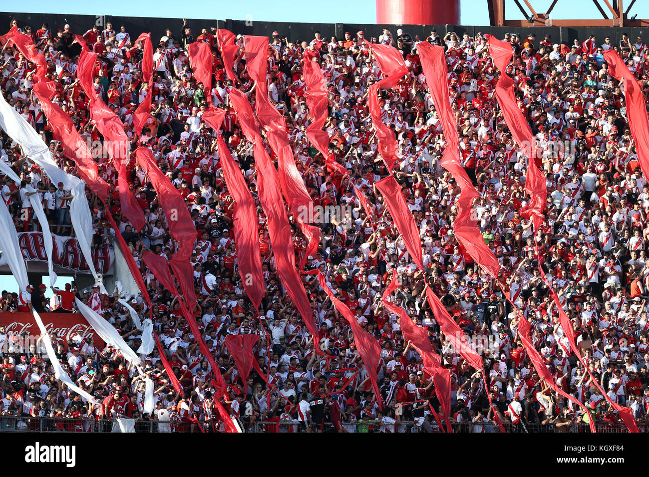 MONUMENTAL STADIUM, BUENOS AIRES, ARGENTINA - NOVEMBER 2017 - River plate football team fans celebrating before the match starts Stock Photo