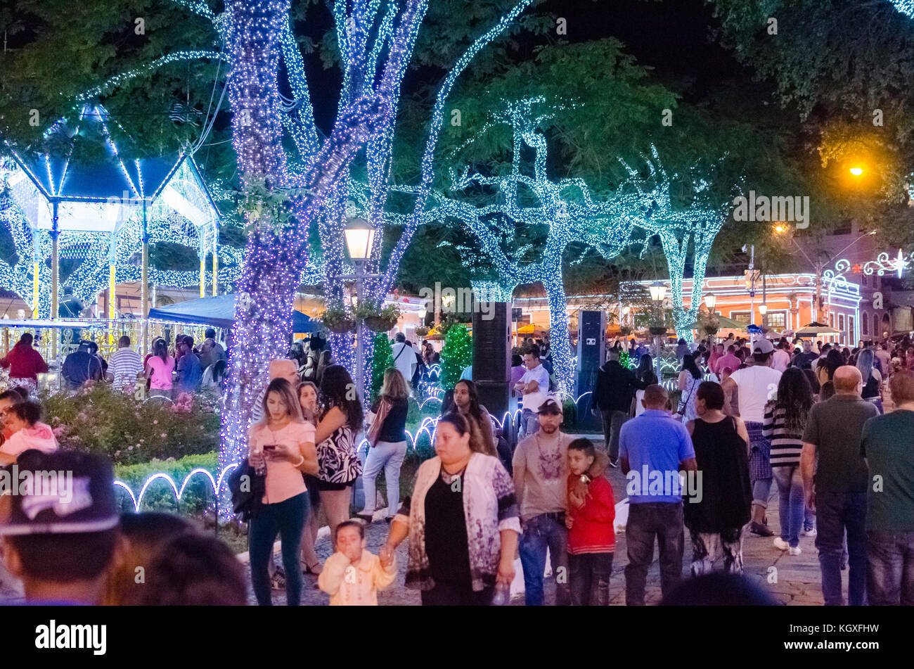 Sao Paulo, Brazil, December 17, 2016: People observe the decoration of Christmas in a public square in the city of Santana de Paranaiba municipality o Stock Photo