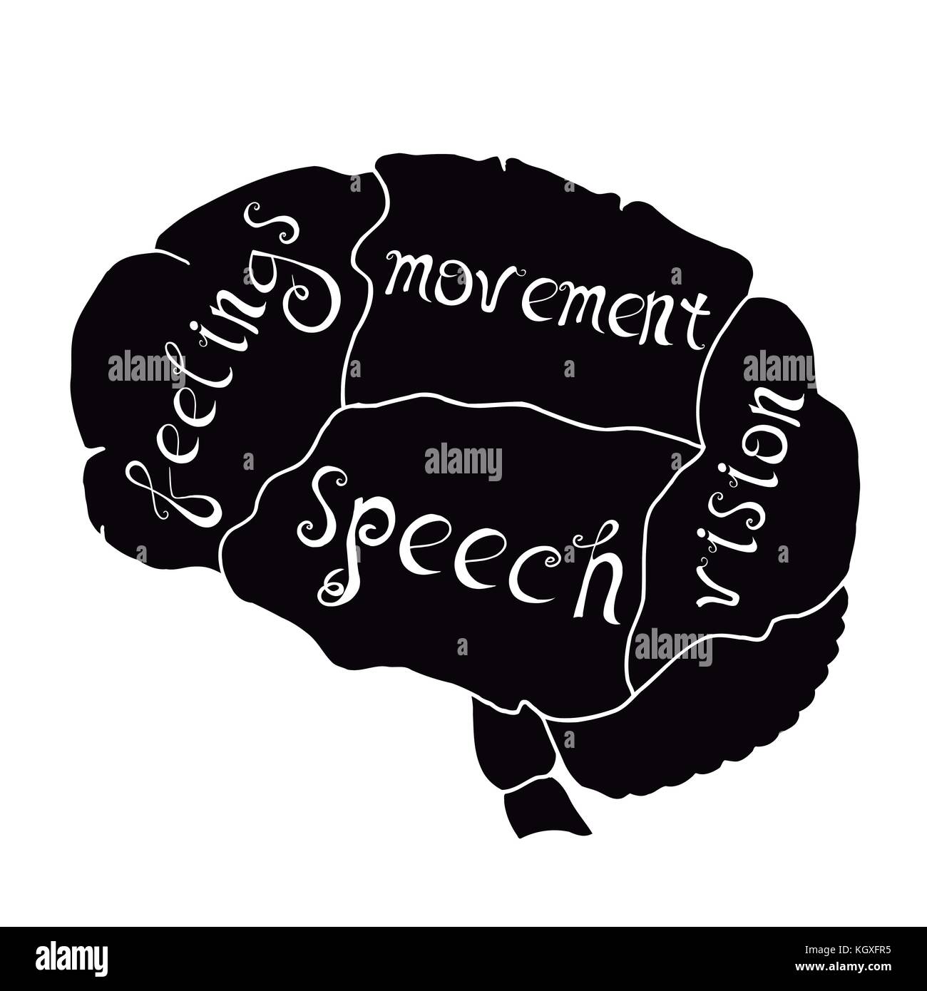 Parts of the human brain are responsible for feelings, speech, movement, hearing,. Vector illustration, handwritten letters Stock Vector