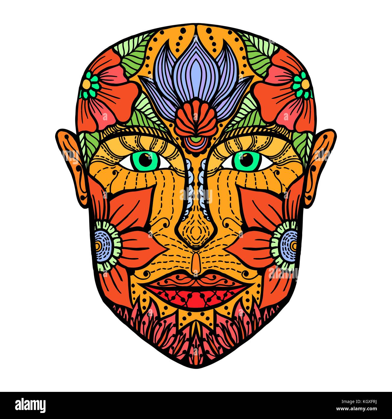 man face of flowers. Coloring book page for adult. Vector artwork. Hand drawn amazing portrait. Love bohemia concept for wedding invitation, card, tic Stock Vector