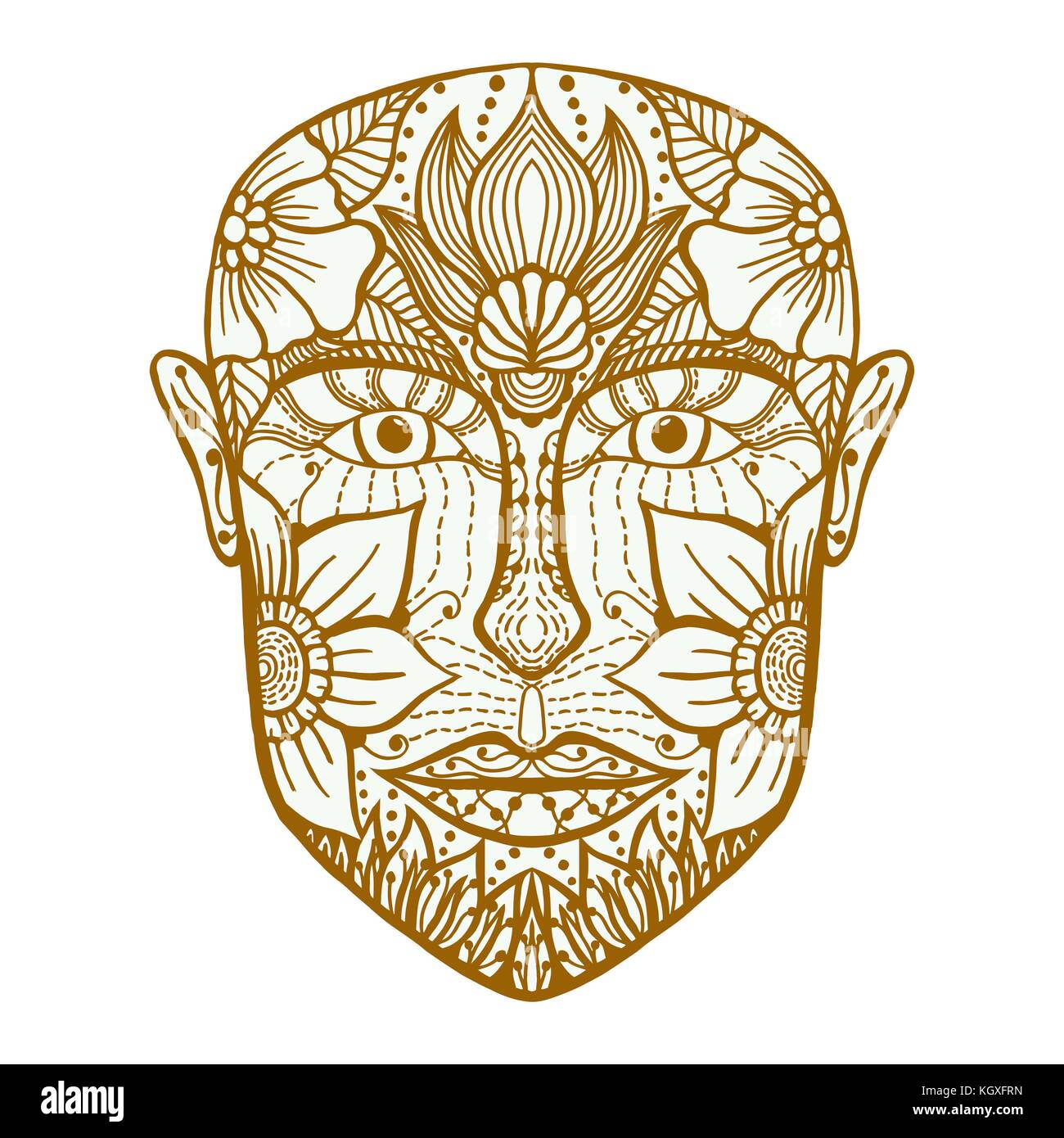 Monochrome man face of flowers. Coloring book page for adult. Vector artwork. Hand drawn amazing portrait. Love bohemia concept for wedding invitation Stock Vector