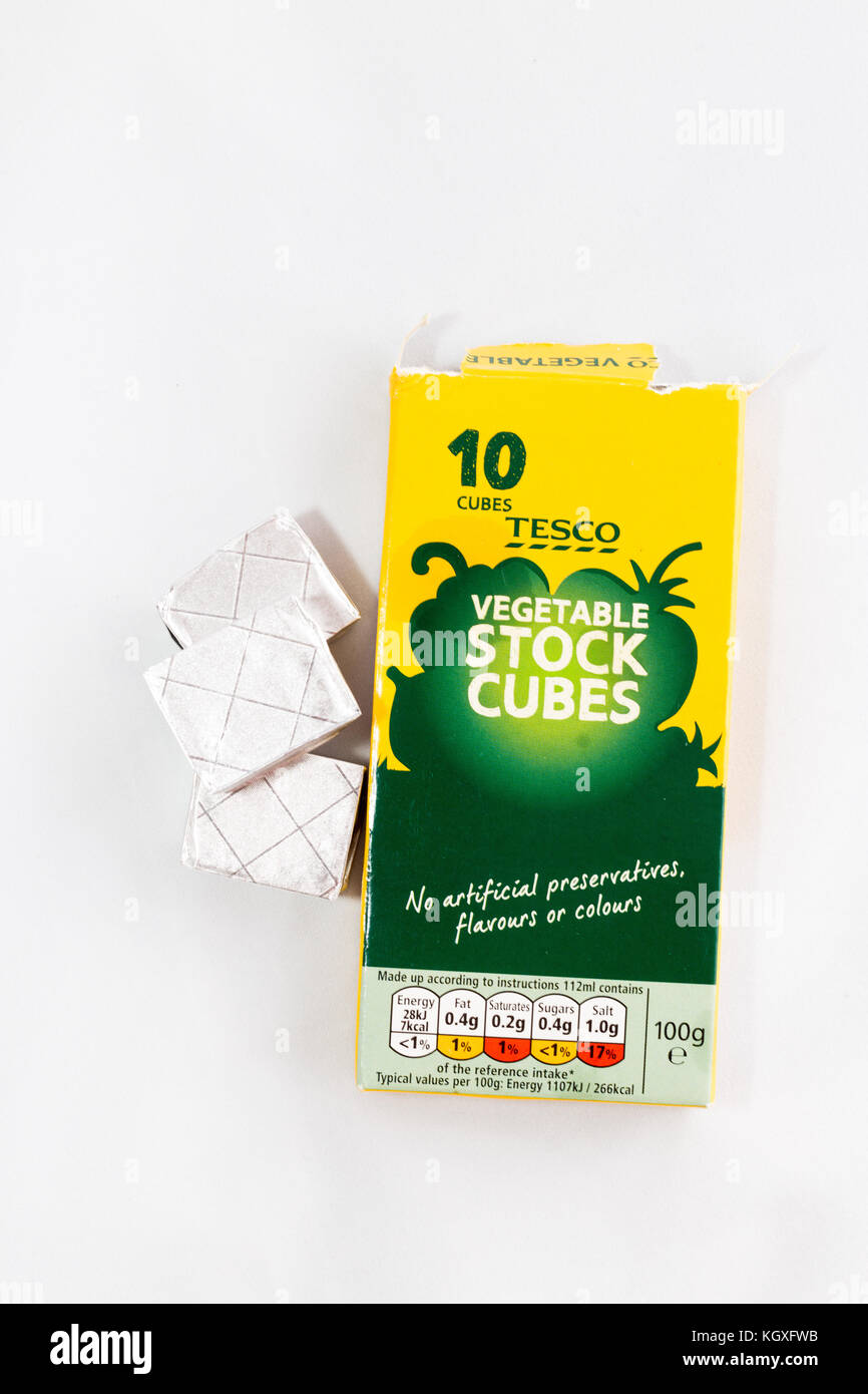 Box of Tesco own brand vegetable stock cubes on white background Stock