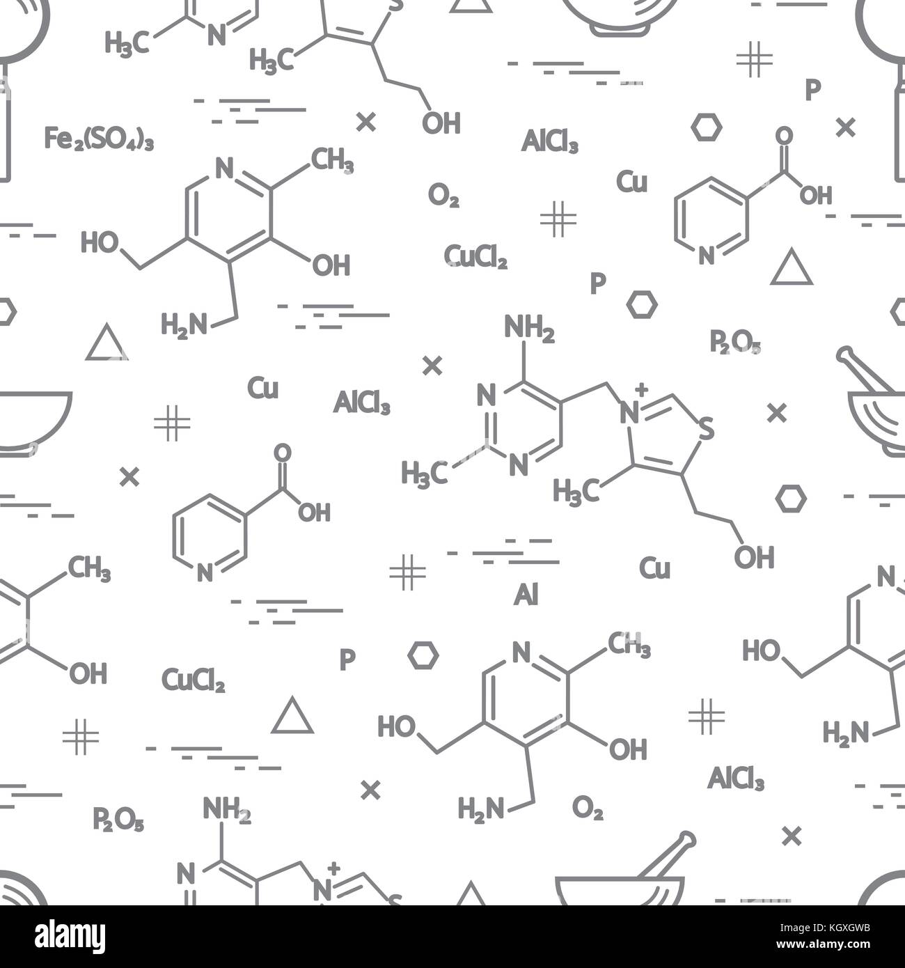 Seamless pattern with scientific, education elements: molecular structure, formula, pestle and other. Design for banner, poster or print. Stock Vector