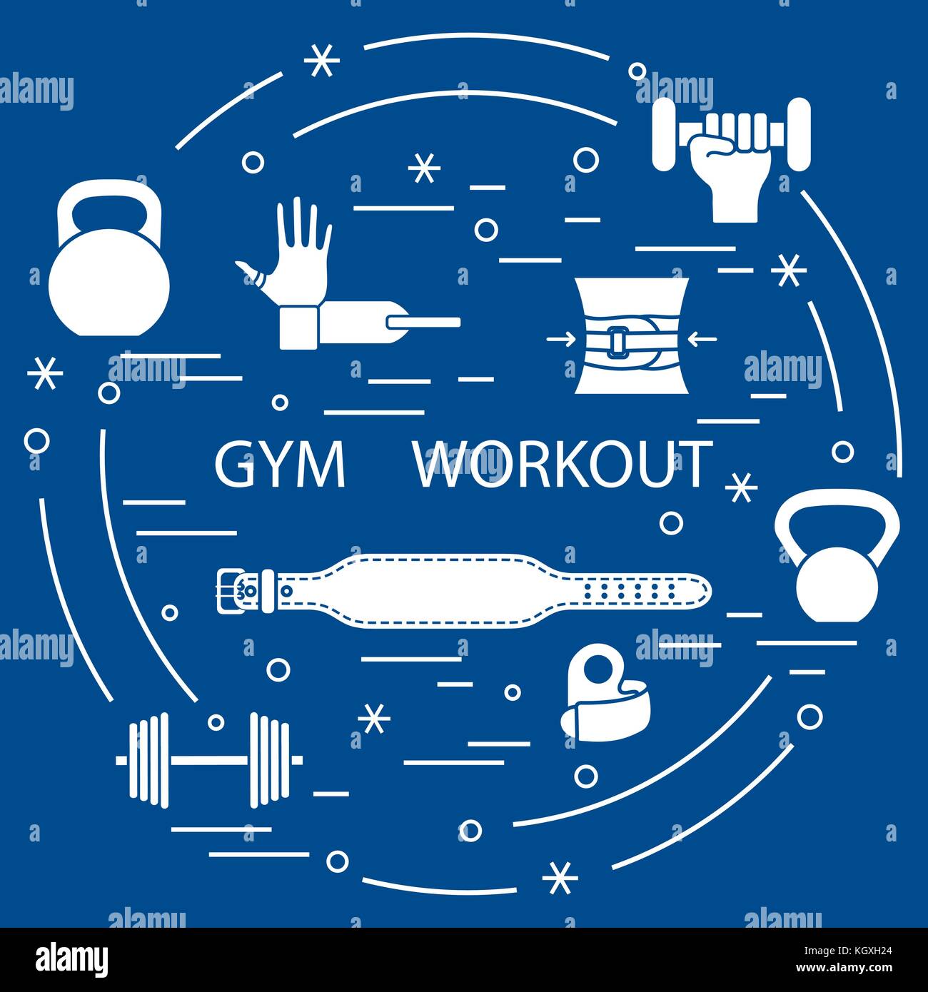 Powerlifting gym workout elements arranged in a circle. Template for your design, banner, poster ...