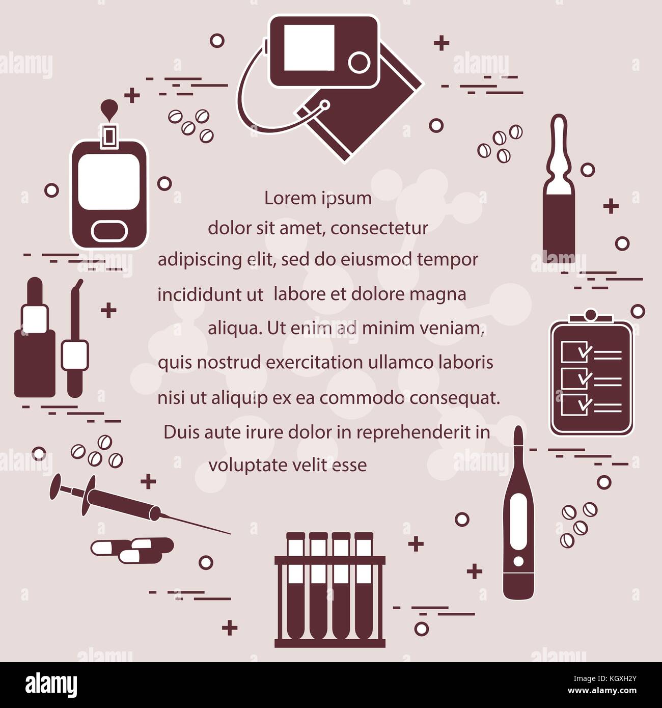 Medical devices, tools and drugs arranged in a circle. Health and