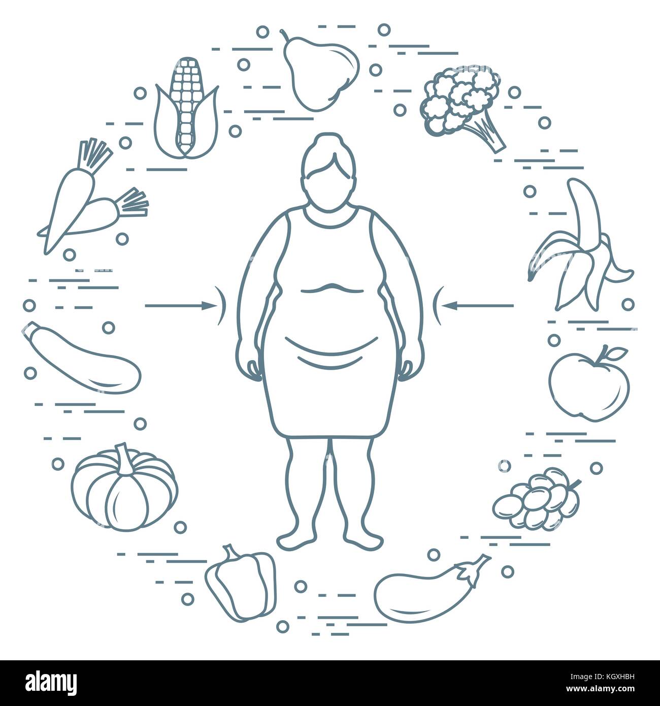fat woman with healthy food around her healthy eating habits design KGXHBH