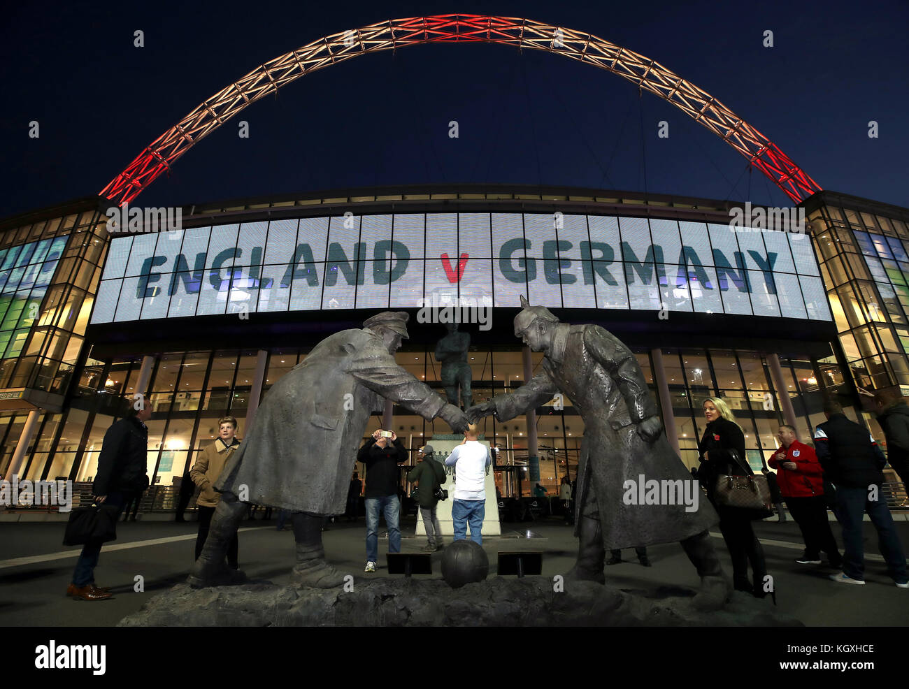 A general view of the World War Truce christmas football statue outside the  stadium prior to the International Friendly match at Wembley Stadium,  London Stock Photo - Alamy