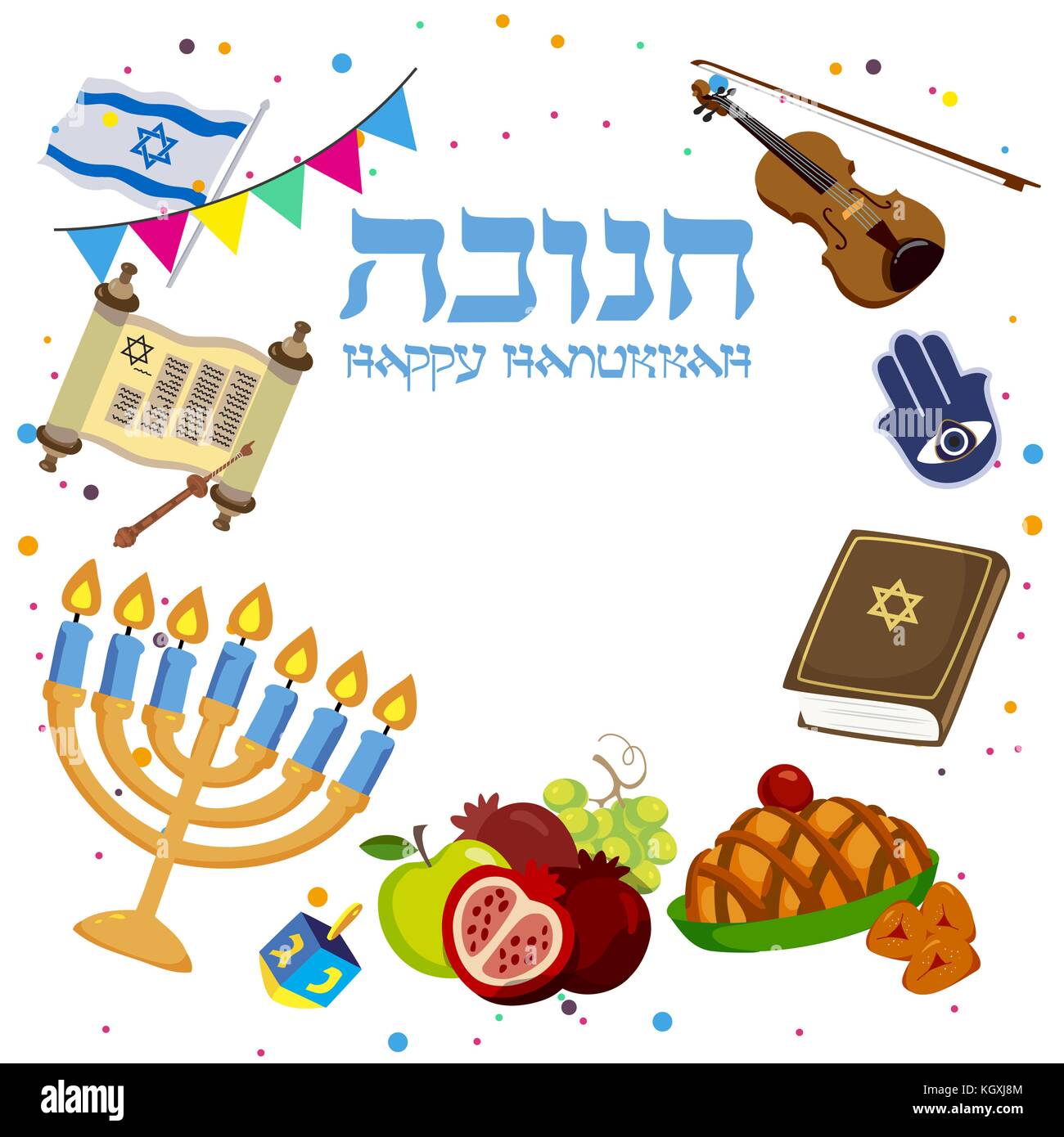 Colorful Happy Hanukkah Greeting card. Jewish holiday with menorah. Cartoon style. Vector illustration Stock Vector