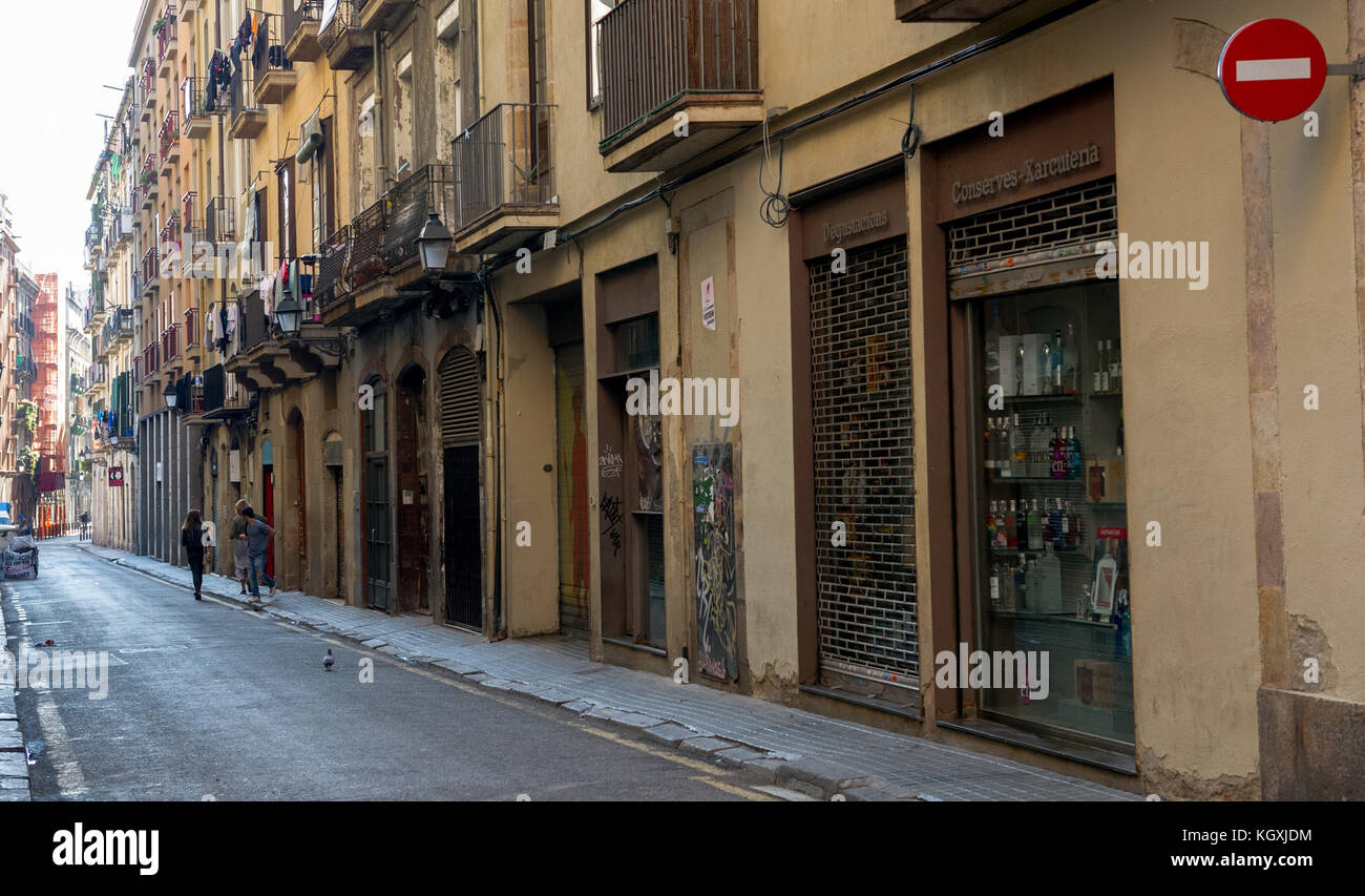 Typical street layout in the El Raval district of Barcelona, Spain. Stock Photo