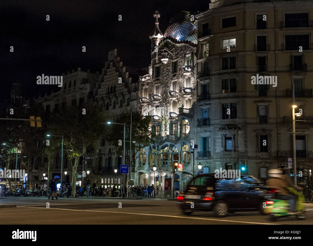 Casa Batllo by architect Antoni Gaudi at night, Barcelona. Stock Photo