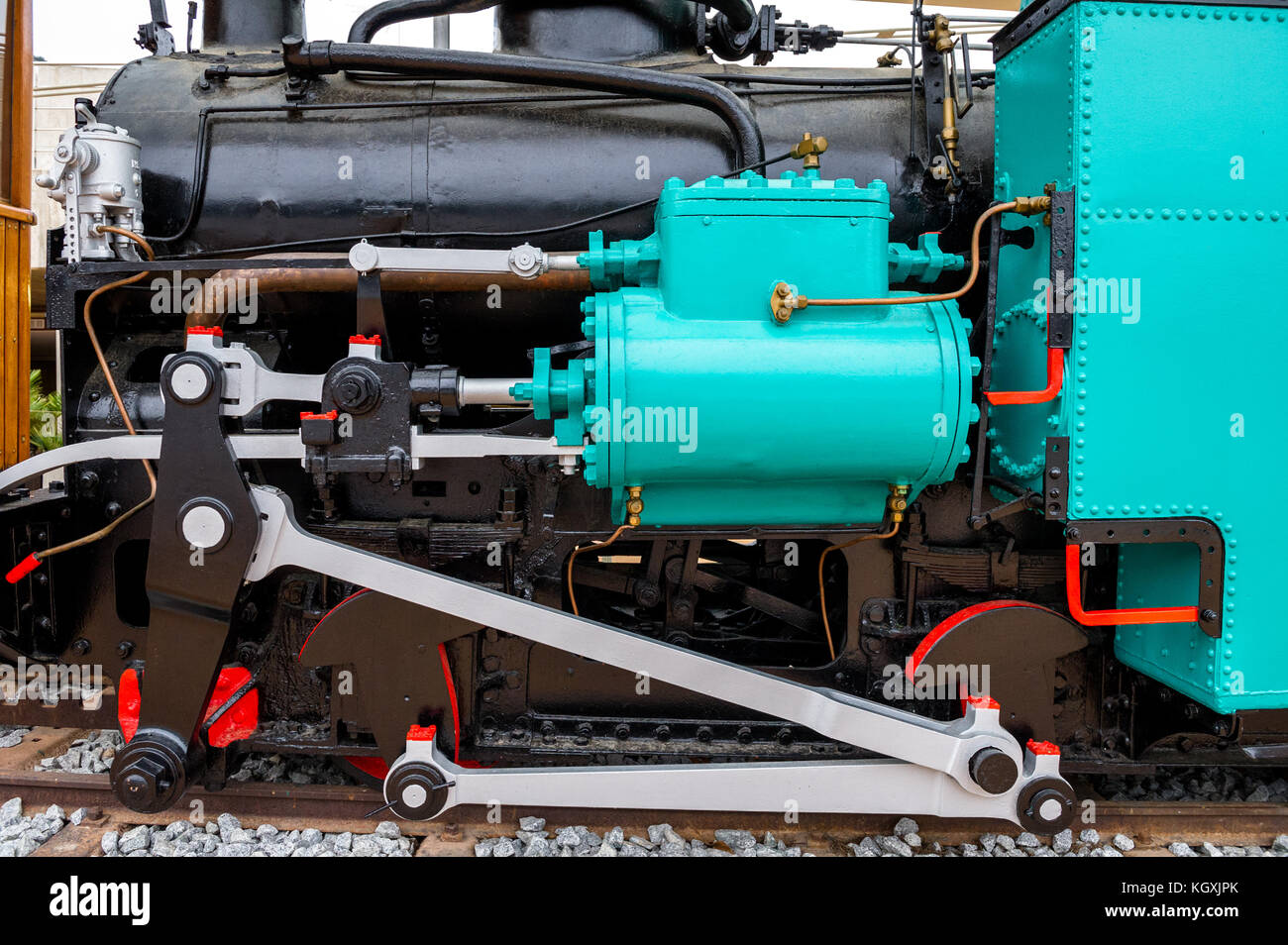 The steam piston drive ofthe E2 'Obispo Guiart' from the Nuria rack railway,Montserrat, Barcelona, Spain. Stock Photo