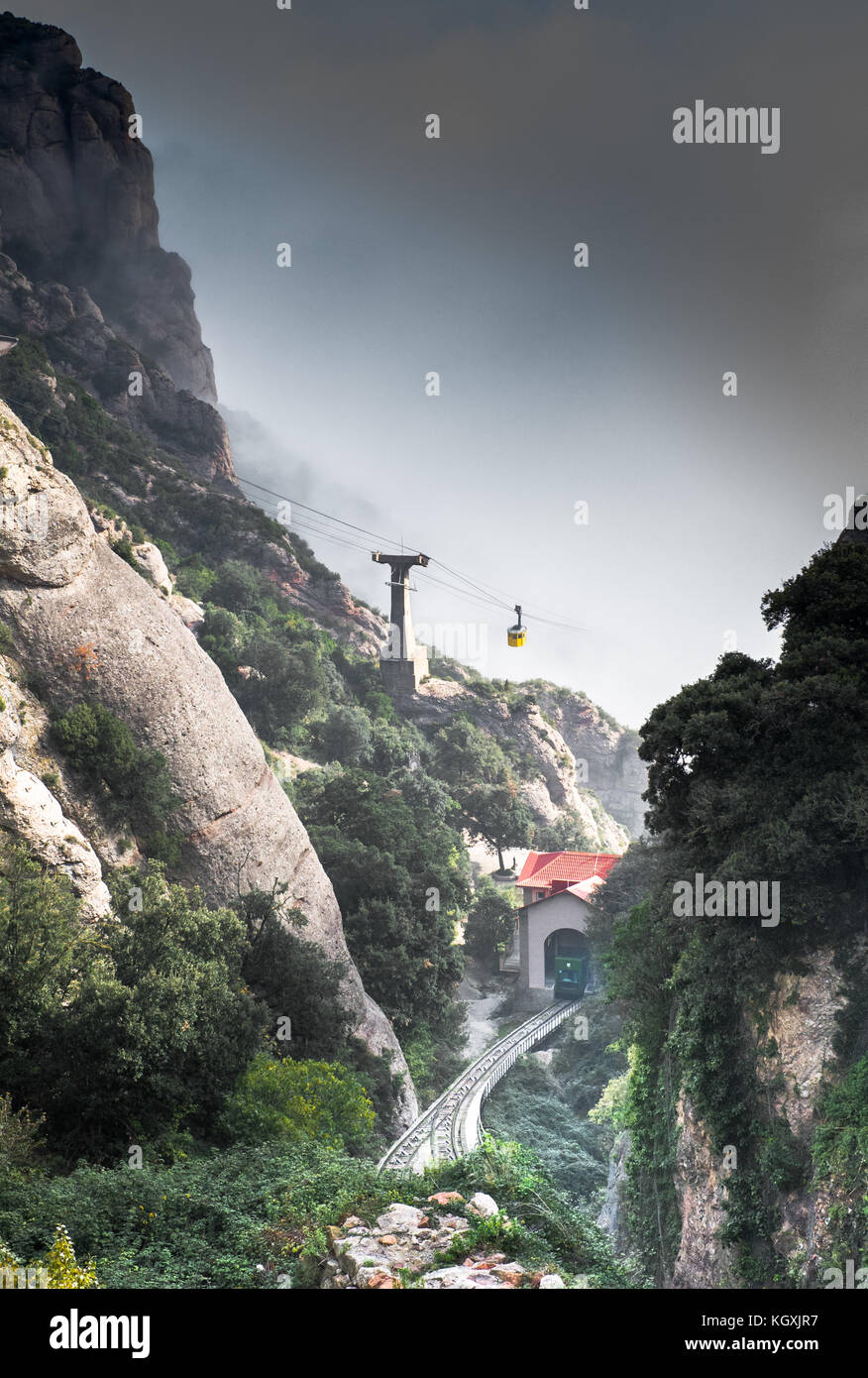 Cable car and funicular railway decent from the monastery at Montserrat, Barcelona. Stock Photo