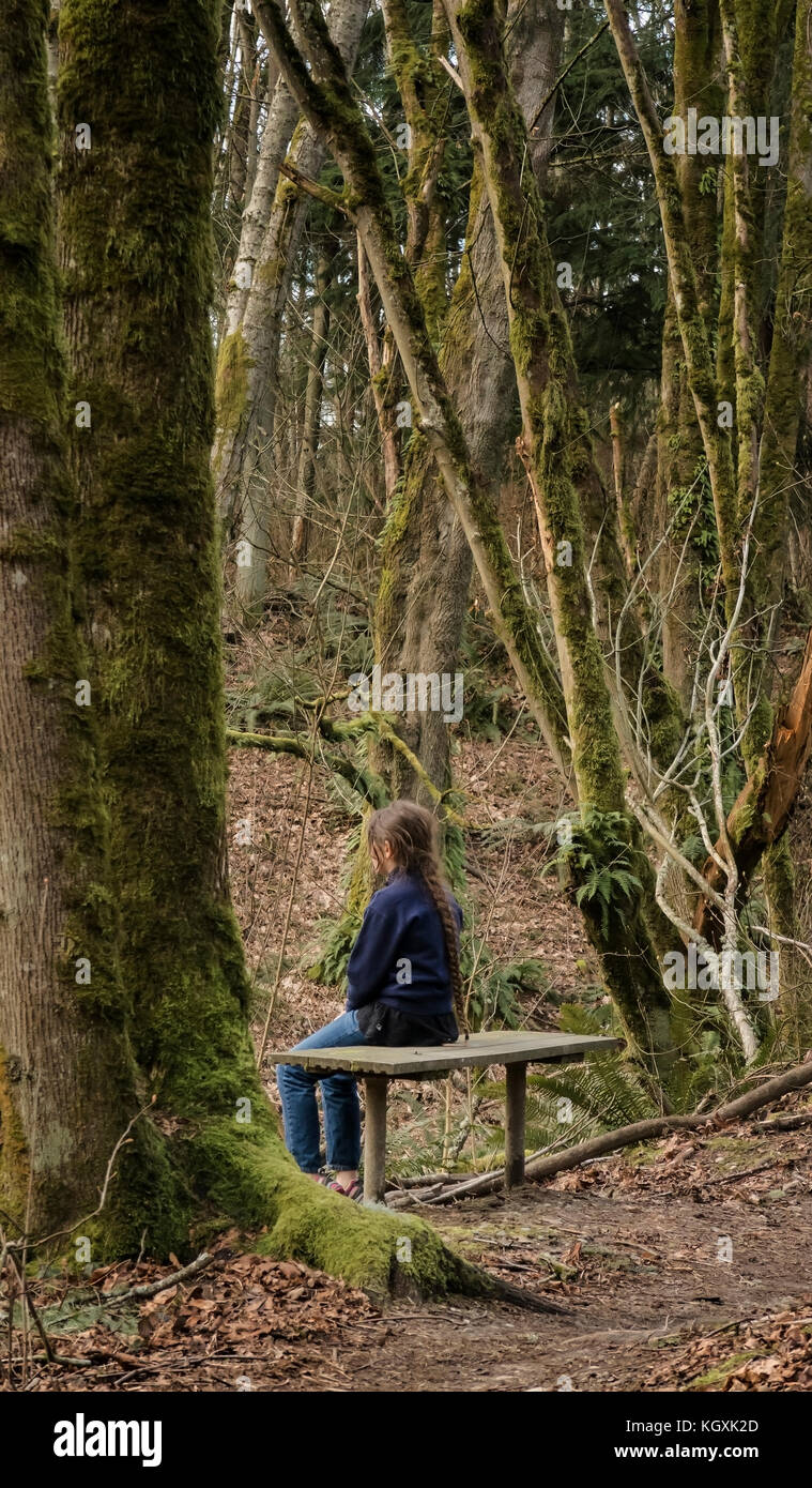 Young Girl Sitting On Bench In Wood. Tall Mossy Trees. Spring Stock Photo
