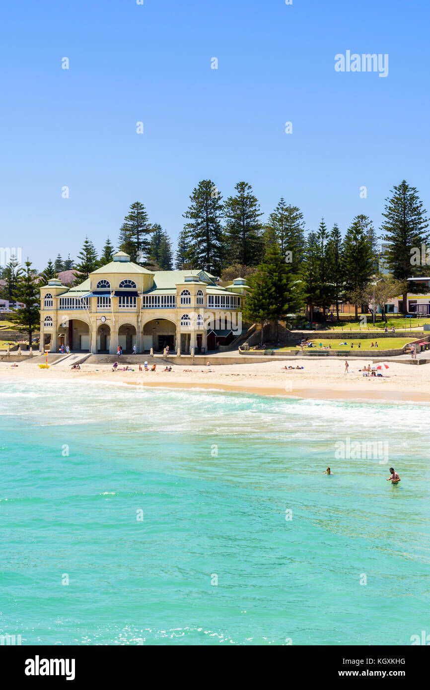 The Indiana Tea House building, the iconic landmark now a restaurant called Indiana on Cottesloe Beach, Cottesloe, Perth, Western Australia Stock Photo
