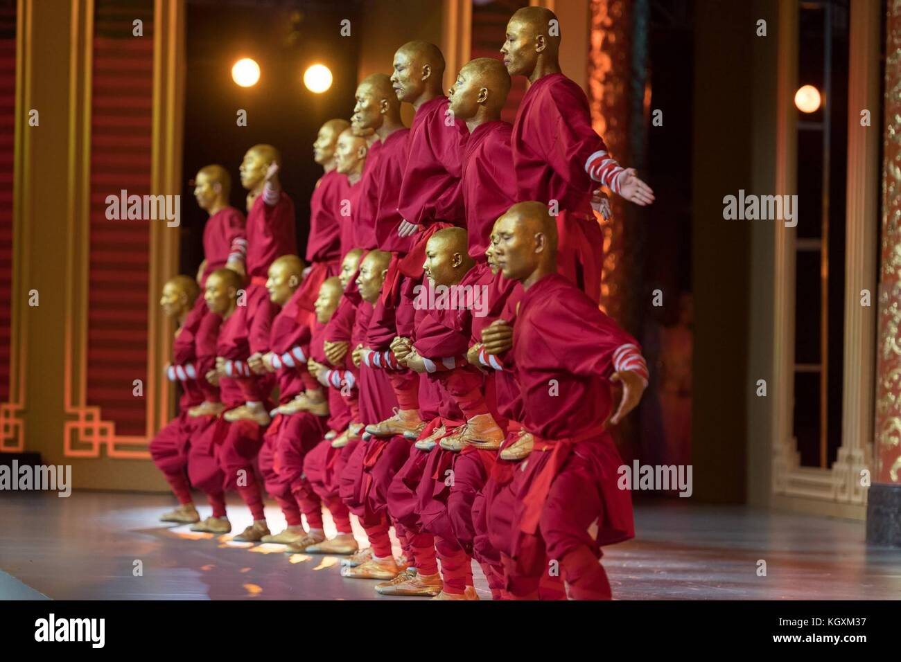 Chinese martial arts experts during the entertainment portion of the state dinner for U.S President Donald Trump hosted by Chinese President Xi Jinping November 9, 2017, in Beijing, China. Trump is on the third leg of a 13-day swing through Asia. Stock Photo