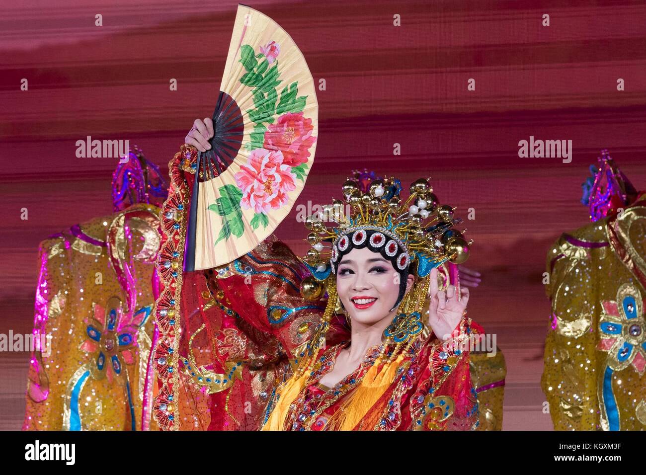 Chinese traditional performers during the entertainment portion of the state dinner for U.S President Donald Trump hosted by Chinese President Xi Jinping November 9, 2017, in Beijing, China. Trump is on the third leg of a 13-day swing through Asia. Stock Photo