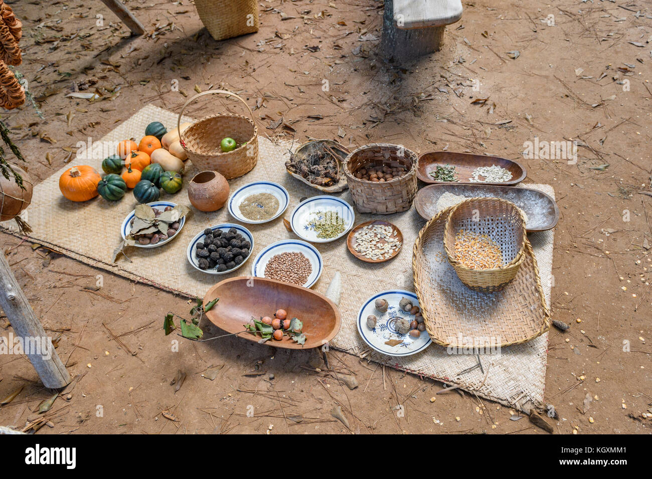 Traditional food of the Creek indian tribe, native American tribe, from the 1700's, laid out in a display for reenactment at Fort Toulouse AL, USA. Stock Photo