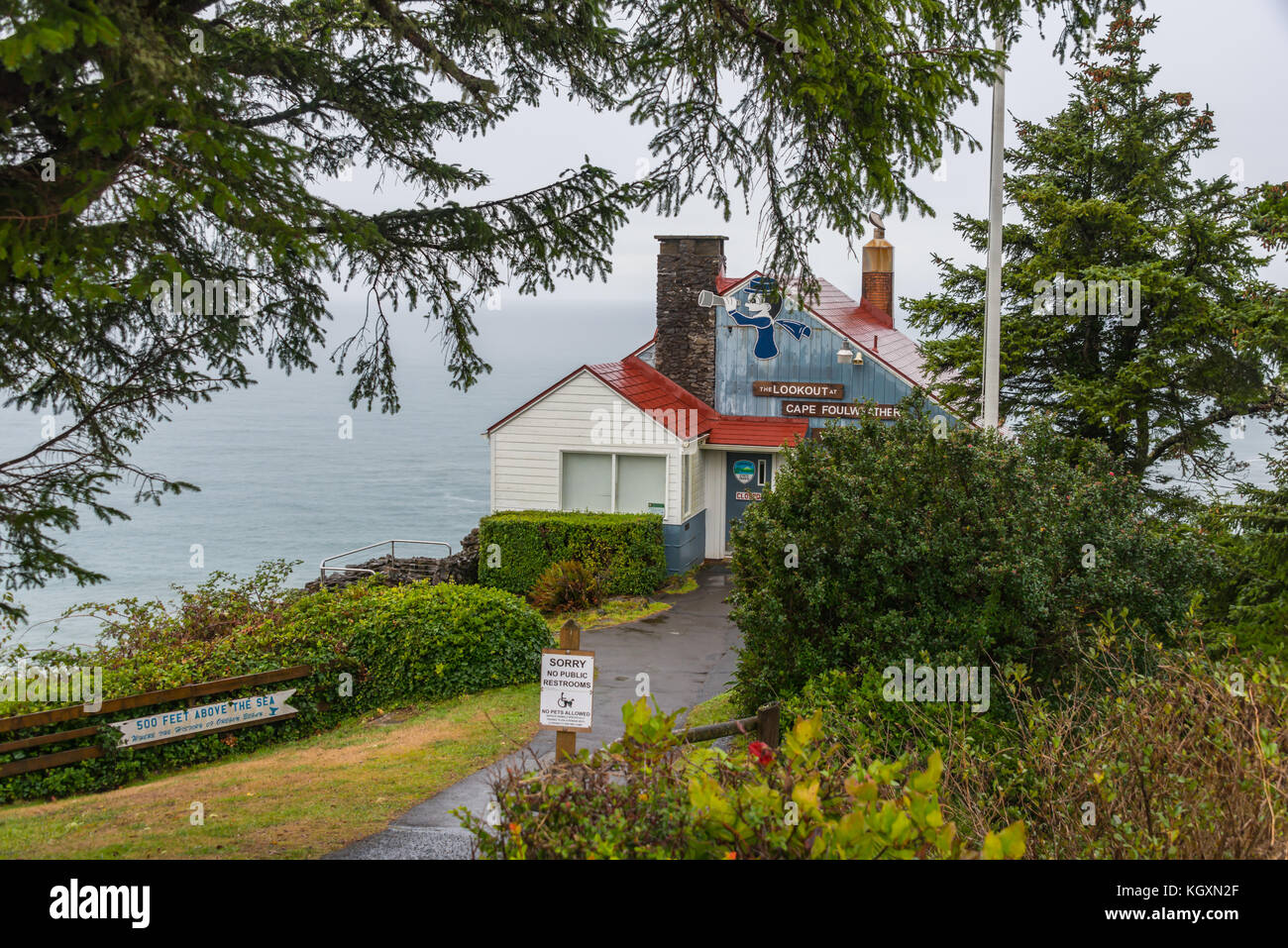 The Lookout at Cape Foulweather, Otter Crest State Scenic Viewpoint, Oregon, Coast, on a Rainy Day Stock Photo
