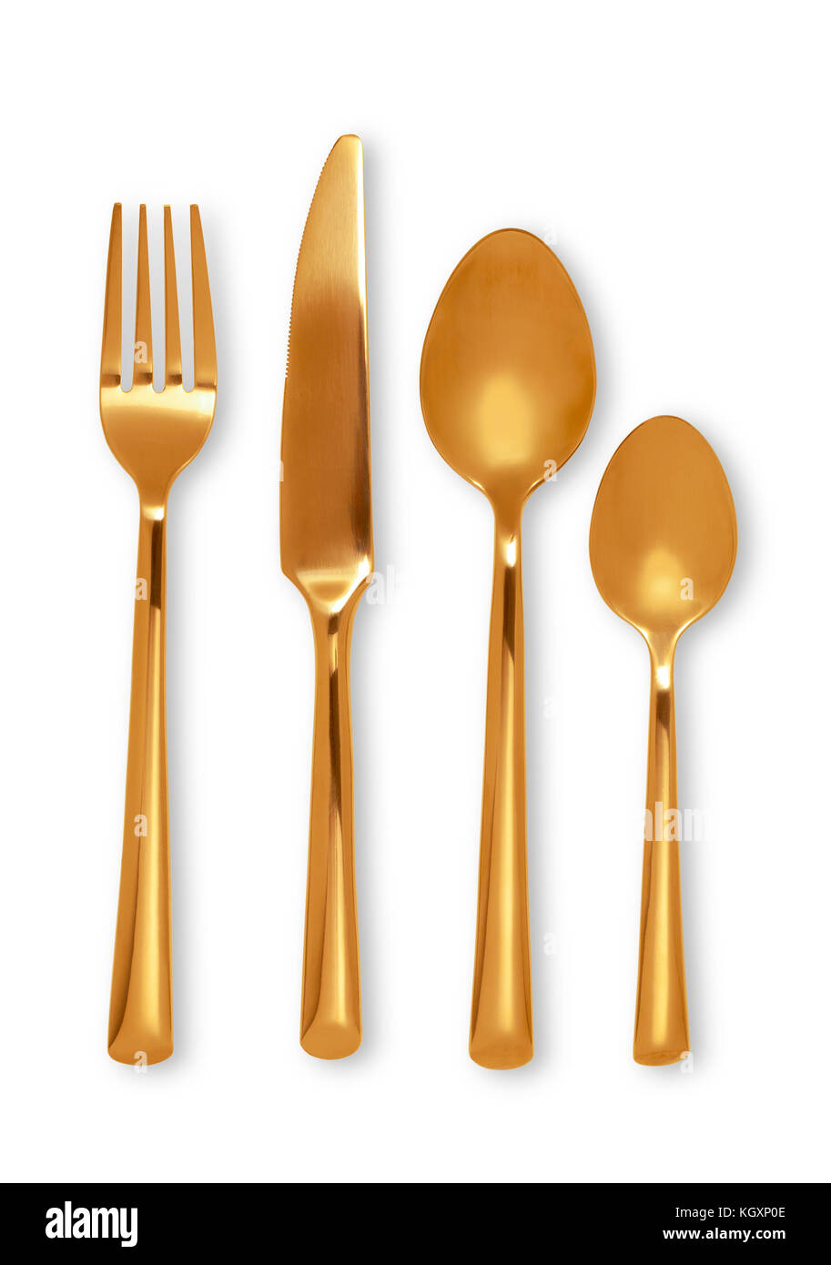 gold Cutlery set with Fork, Knife and Spoon on white background