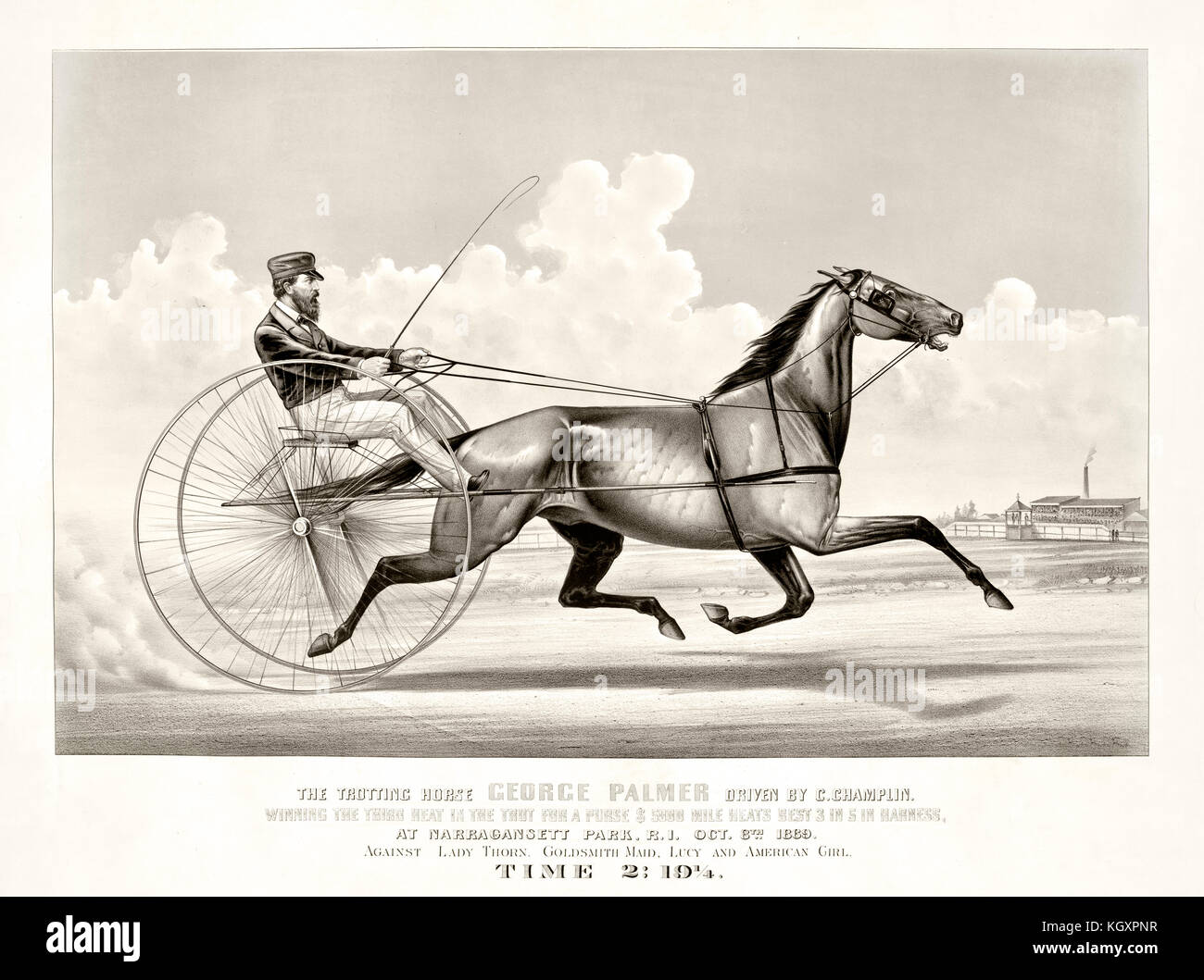 Old illustration of a trotting horse (George Palmer driven by C. Champlin). By Cameron, publ, in New York, ca. 1870 Stock Photo