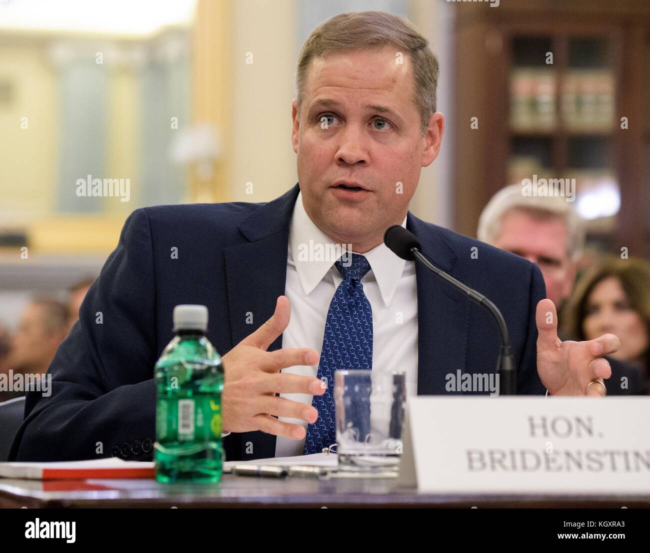 U.S. Oklahoma Representative James Bridenstine testifies before the Senate Committee on Commerce, Science, and Transportation during his nomination hearing for NASA Administrator at the Russell Senate Office Building November 1, 2017 in Washington, DC.   (photo by Joel Kowsky via Planetpix) Stock Photo