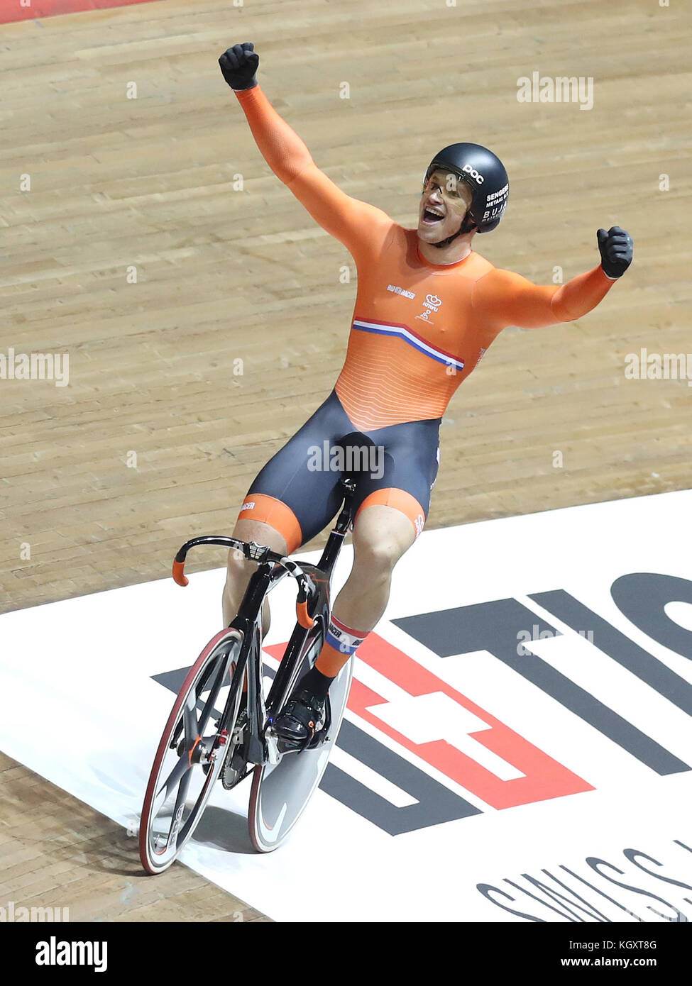 Netherlands Harrie Lavreysen Celebrates Winning The Men S Sprint Final During Day Two Of The Tissot Uci Track Cycling World Cup At The Hsbc Uk National Cycling Centre Manchester Stock Photo Alamy
