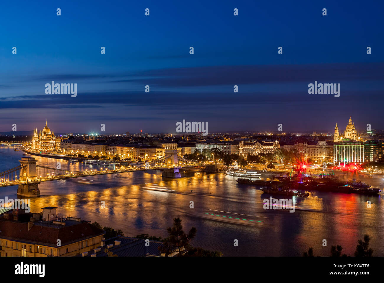 Budapest city by night in Hungary, nightscape with Chain Bridge on Danube River, view from Buda to Pest. Stock Photo