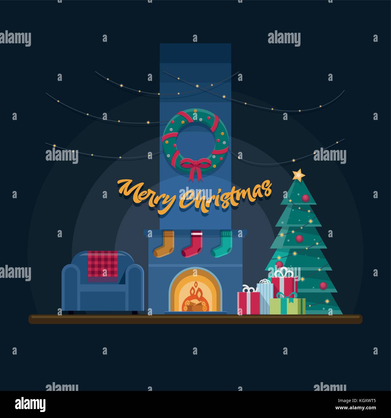 Dark Christmas living room with fireplace, armchair, lights, xmas tree, presents and decoration. Elements are layered separately in vector file. Stock Vector