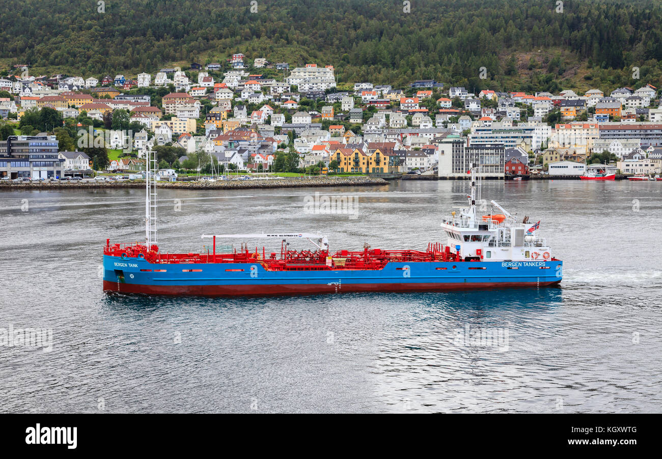 An oil tanker named Bergen Tank arrives in the port of Bergen.  The ship is owned by the private family owned shipping company named Bergen Tankers. Stock Photo