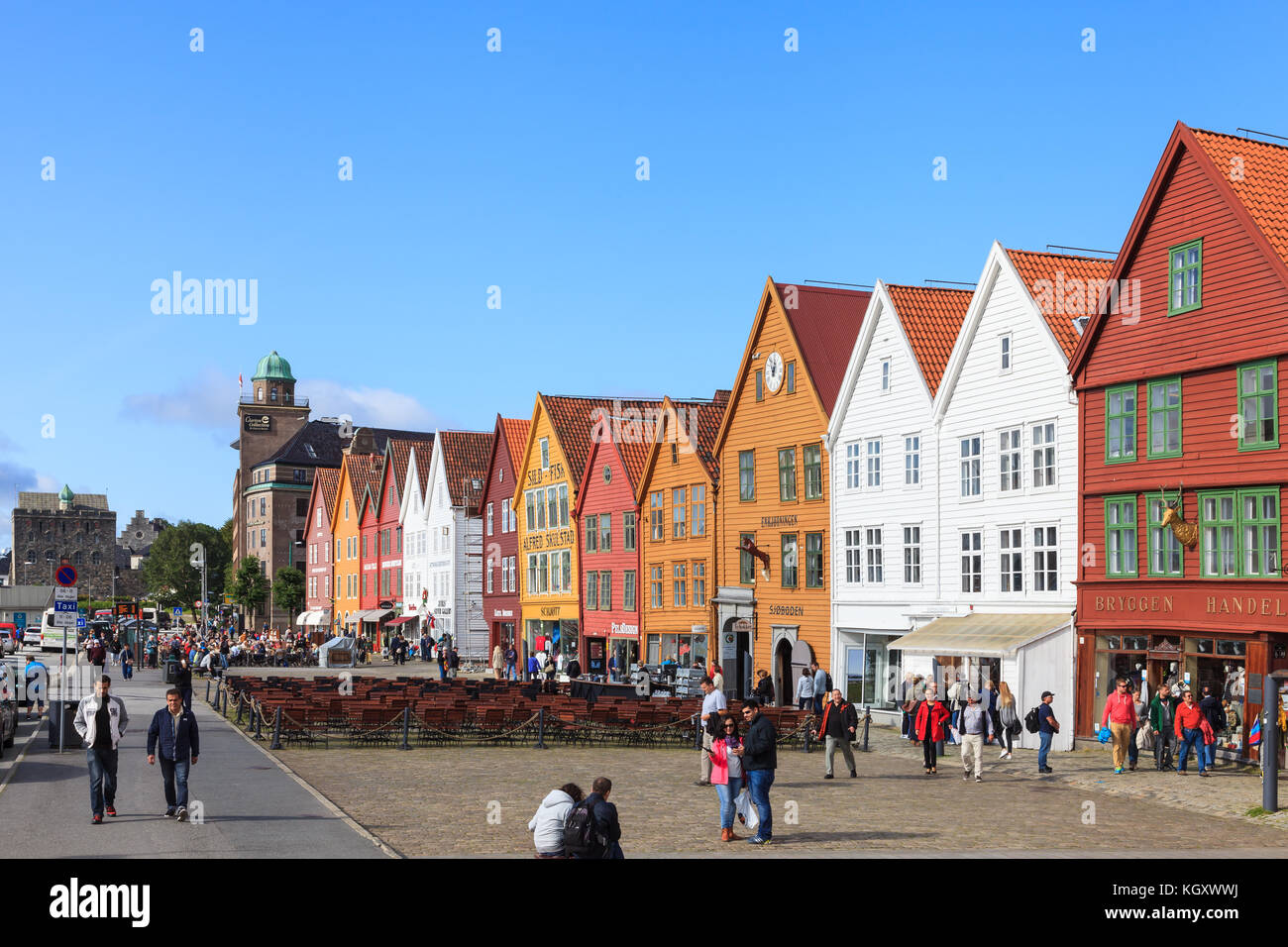 The view across the buildings and rooftops of Bryggen, Bergen in Norway ...