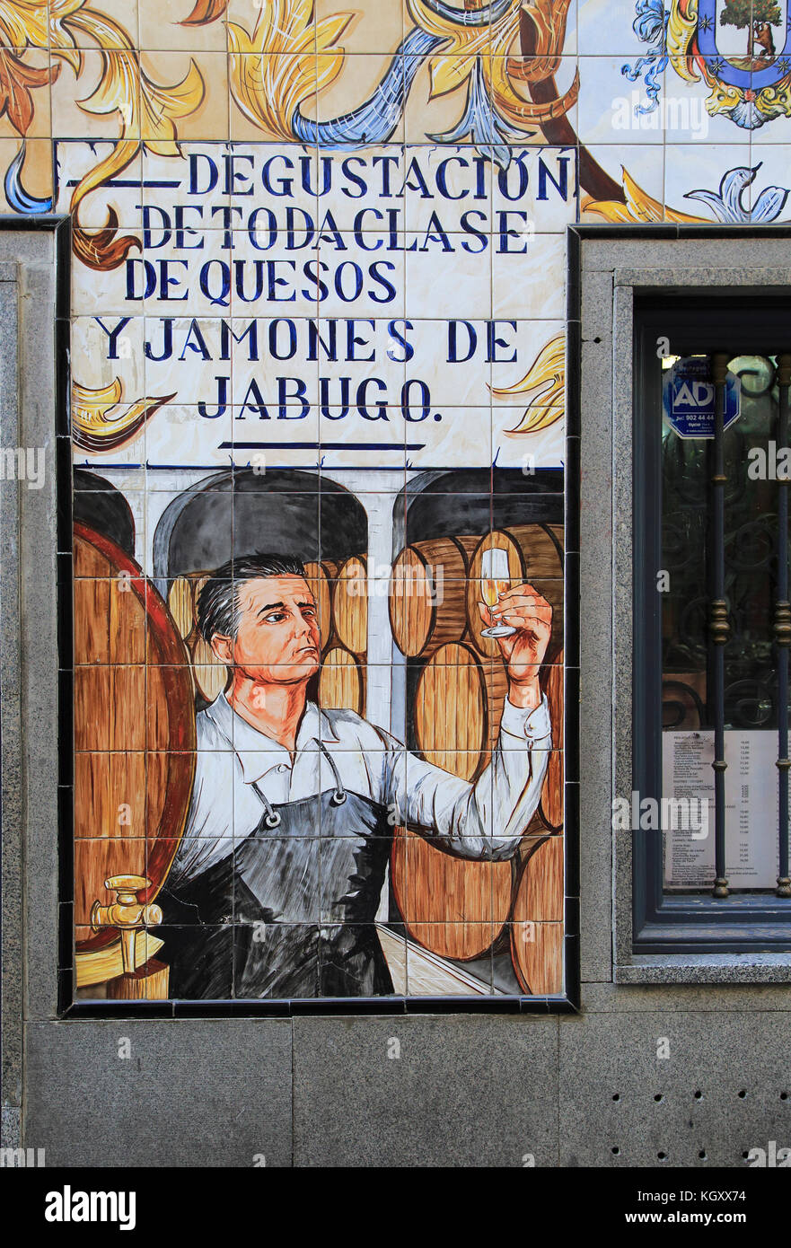 Historic ceramic tiles picture on restaurant wall, Calle Cava Baja, La Latina, Madrid, Spain Stock Photo
