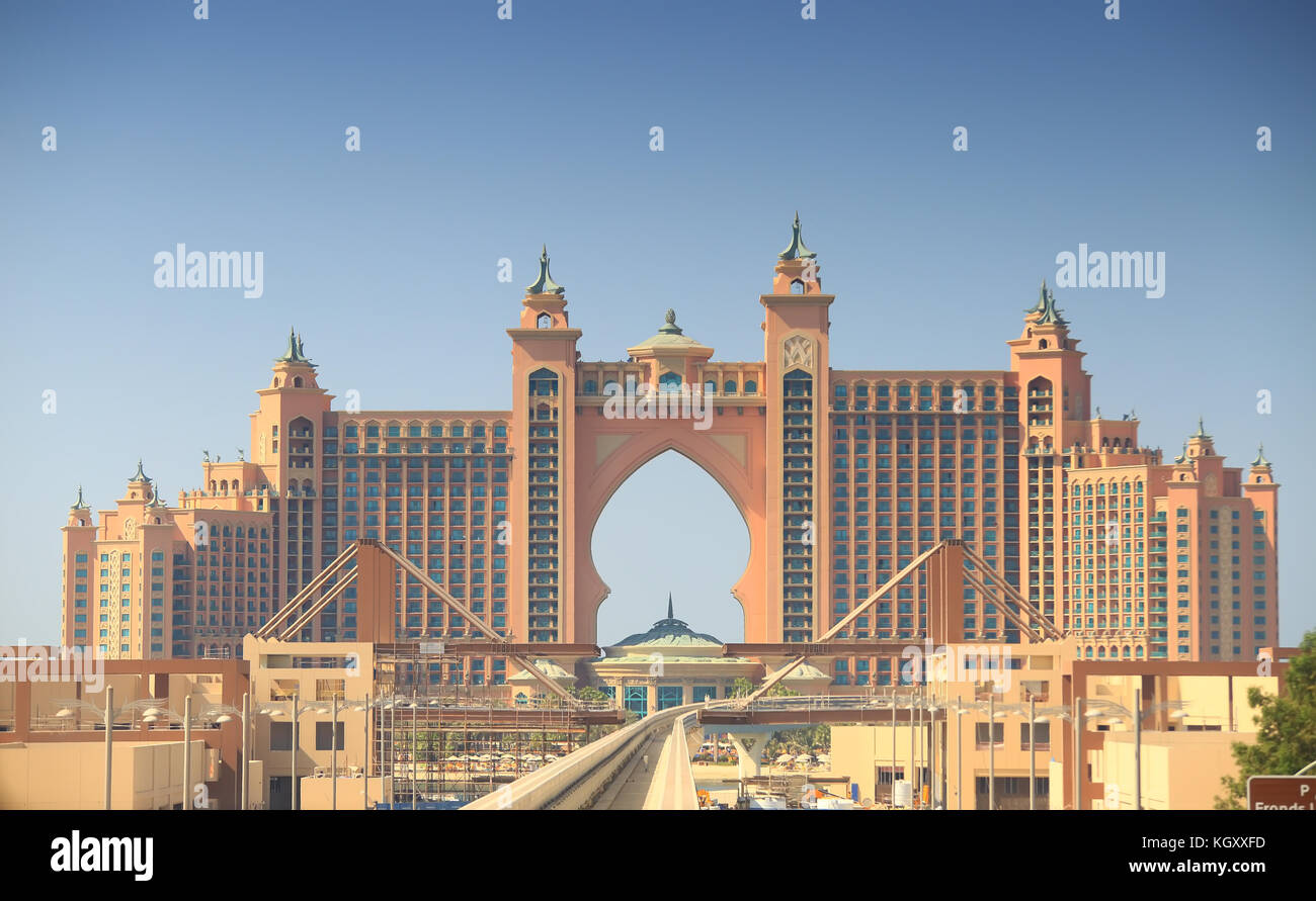 Luxury resort hotel on palm island in Dubai.  Atlantis The Palm resort hotel on blue sky background. Stock Photo