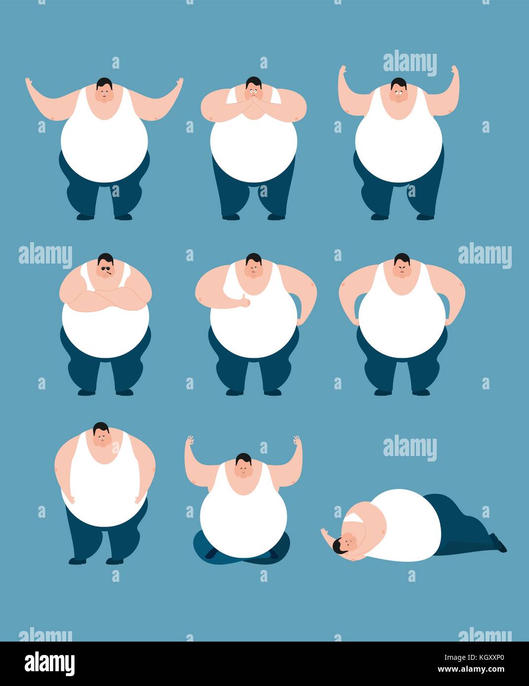 Chubby heavy man with a belly character set. Overweight and fat body shape,  middle aged bold